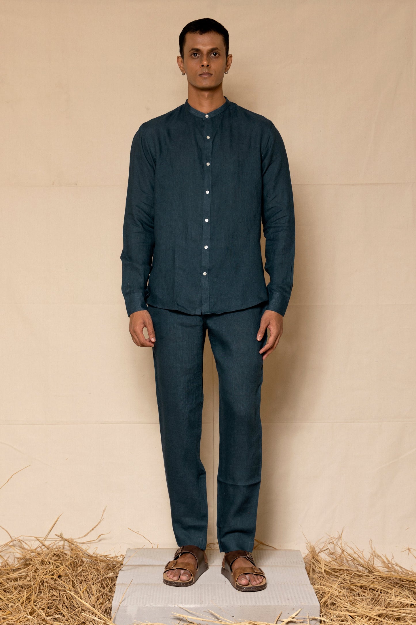 Indigo Men's Linen Chinese Collar Shirt