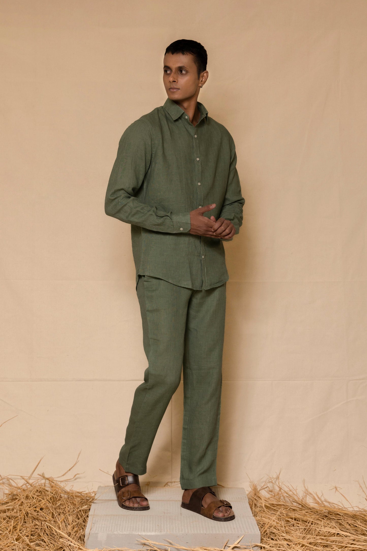 Sage Green Men's Linen Regular Collar Shirt