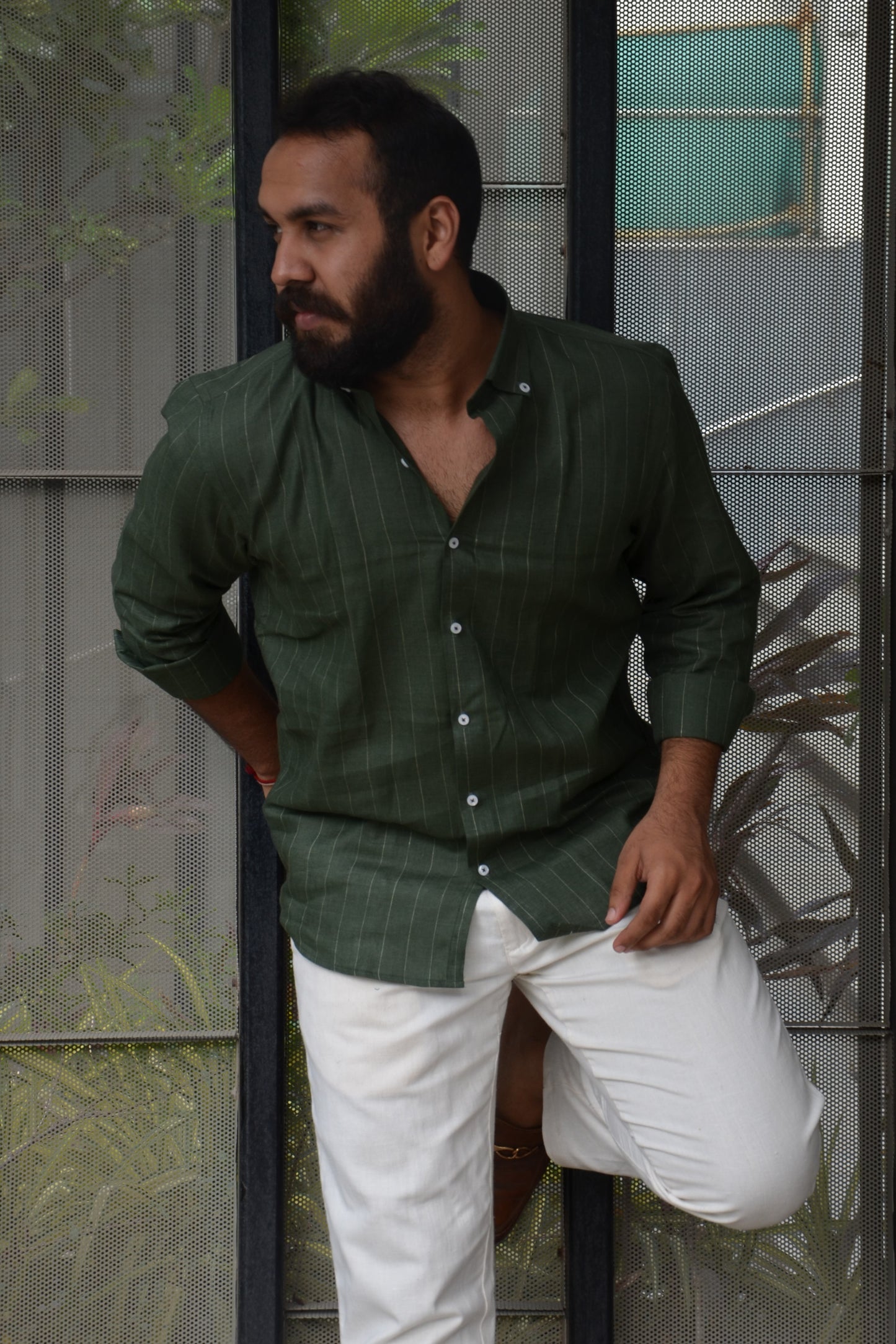 Mariner's Charm - Dark Green Striped Linen Shirt
