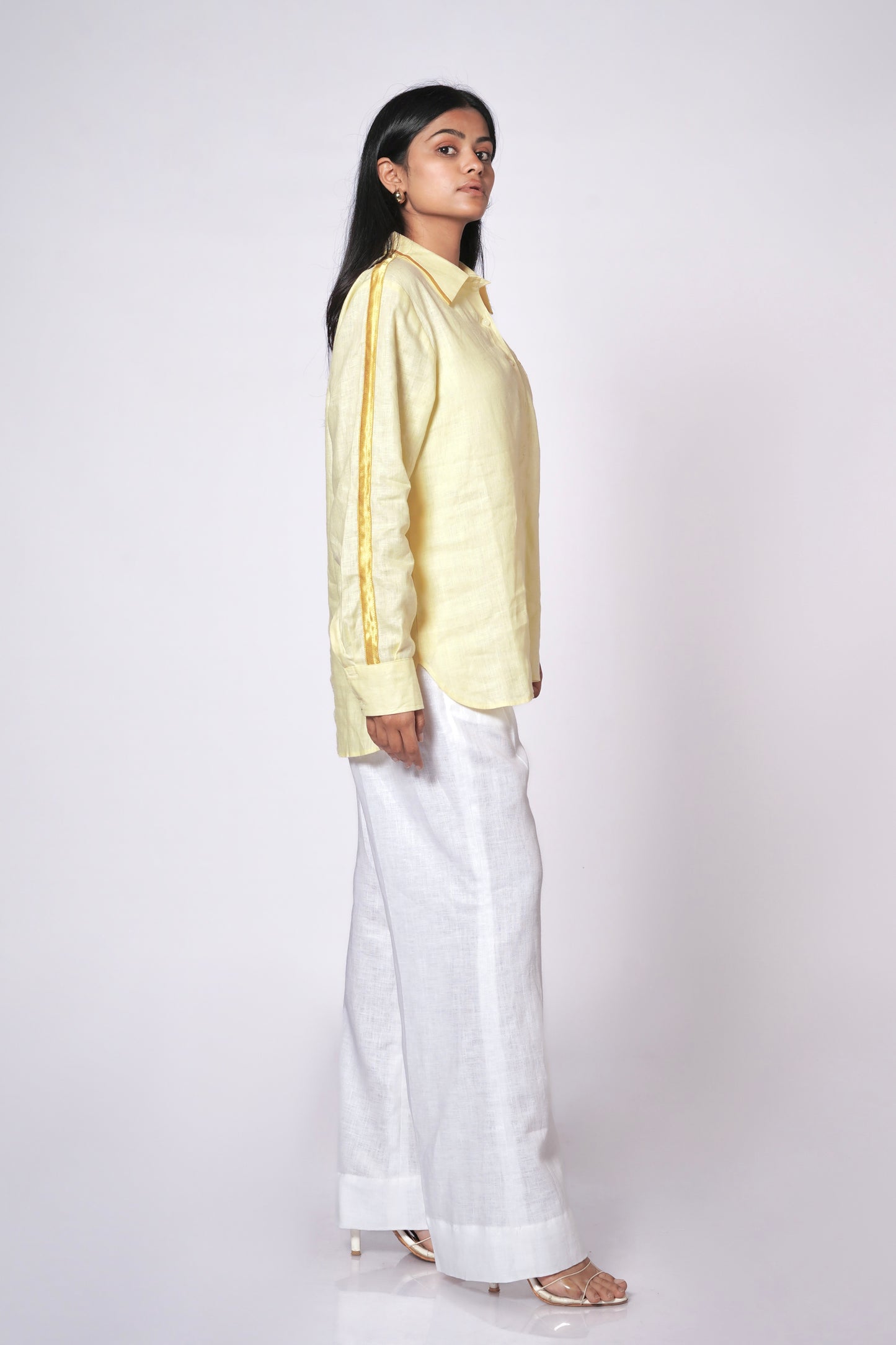 SUNSHINE YELLOW LINEN SHIRT WITH SATIN DETAILING