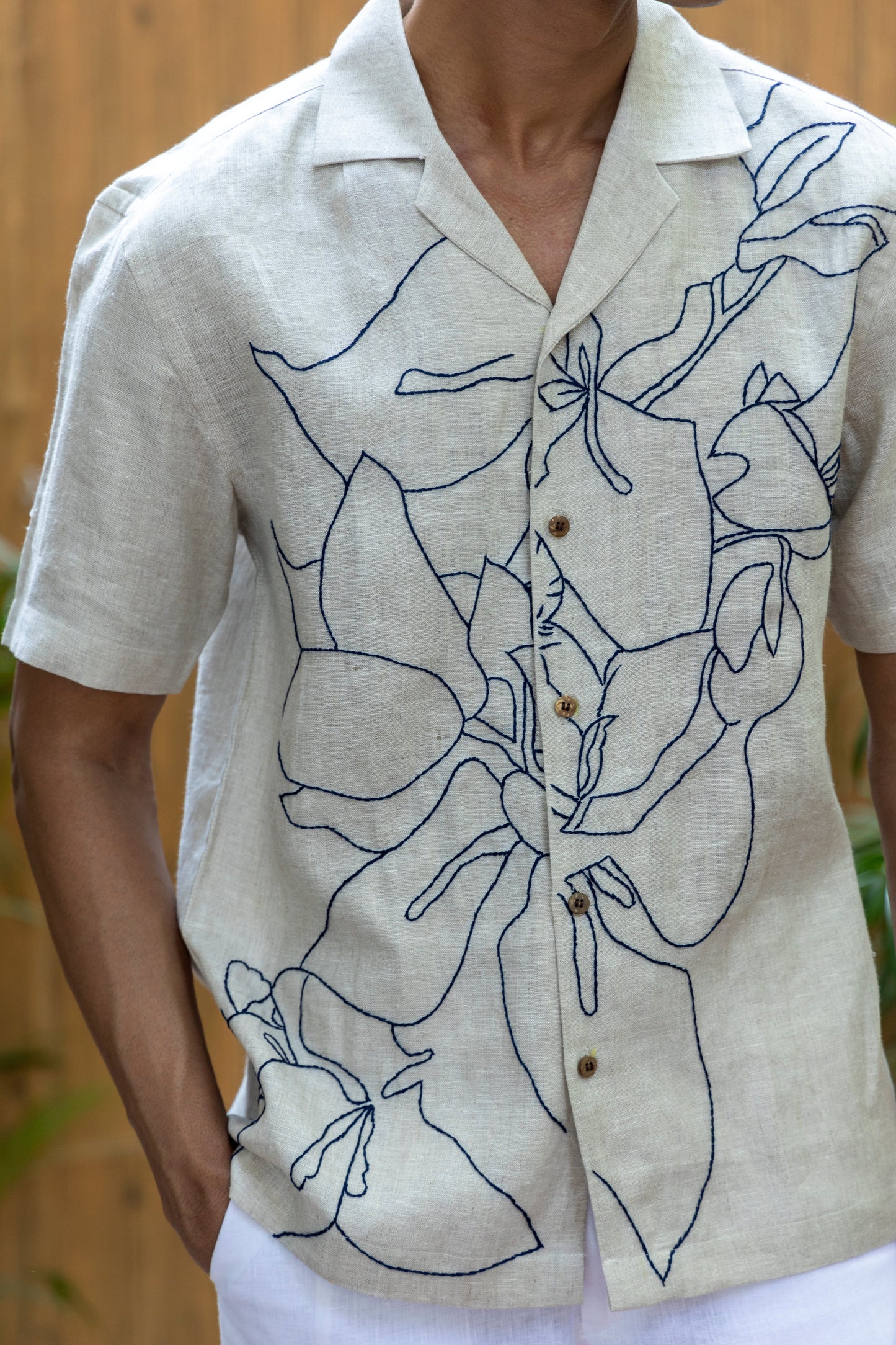 BOUGAINVILLEA BLISS - EMBROIDERED PURE LINEN SHIRT MEN