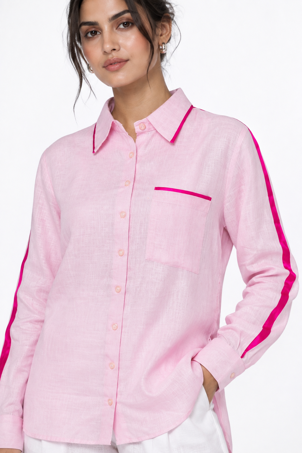 Baby pink linen shirt with satin detailing for women close-up