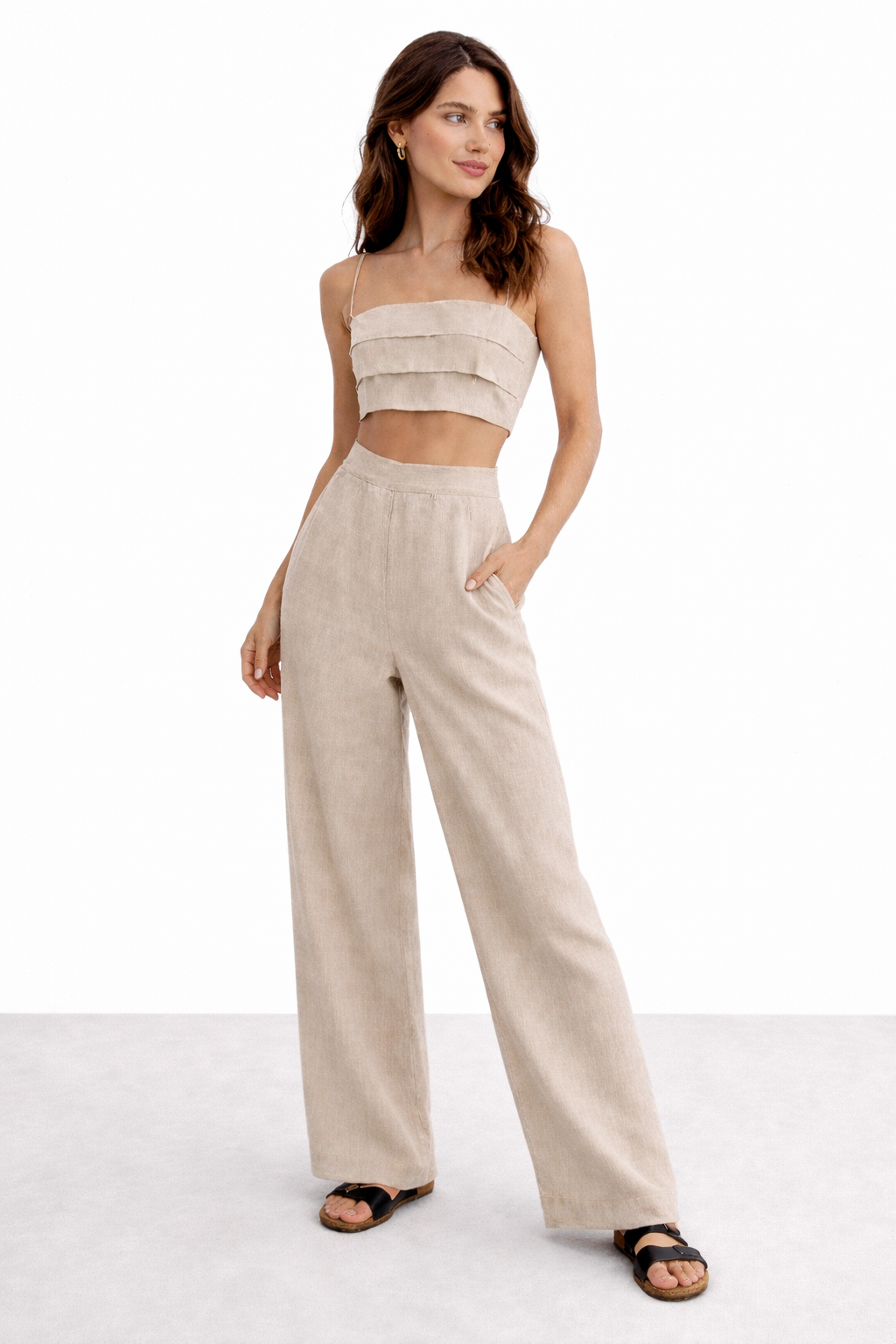 Side view of Bare Earth Linen Set for women showing wide-leg fit