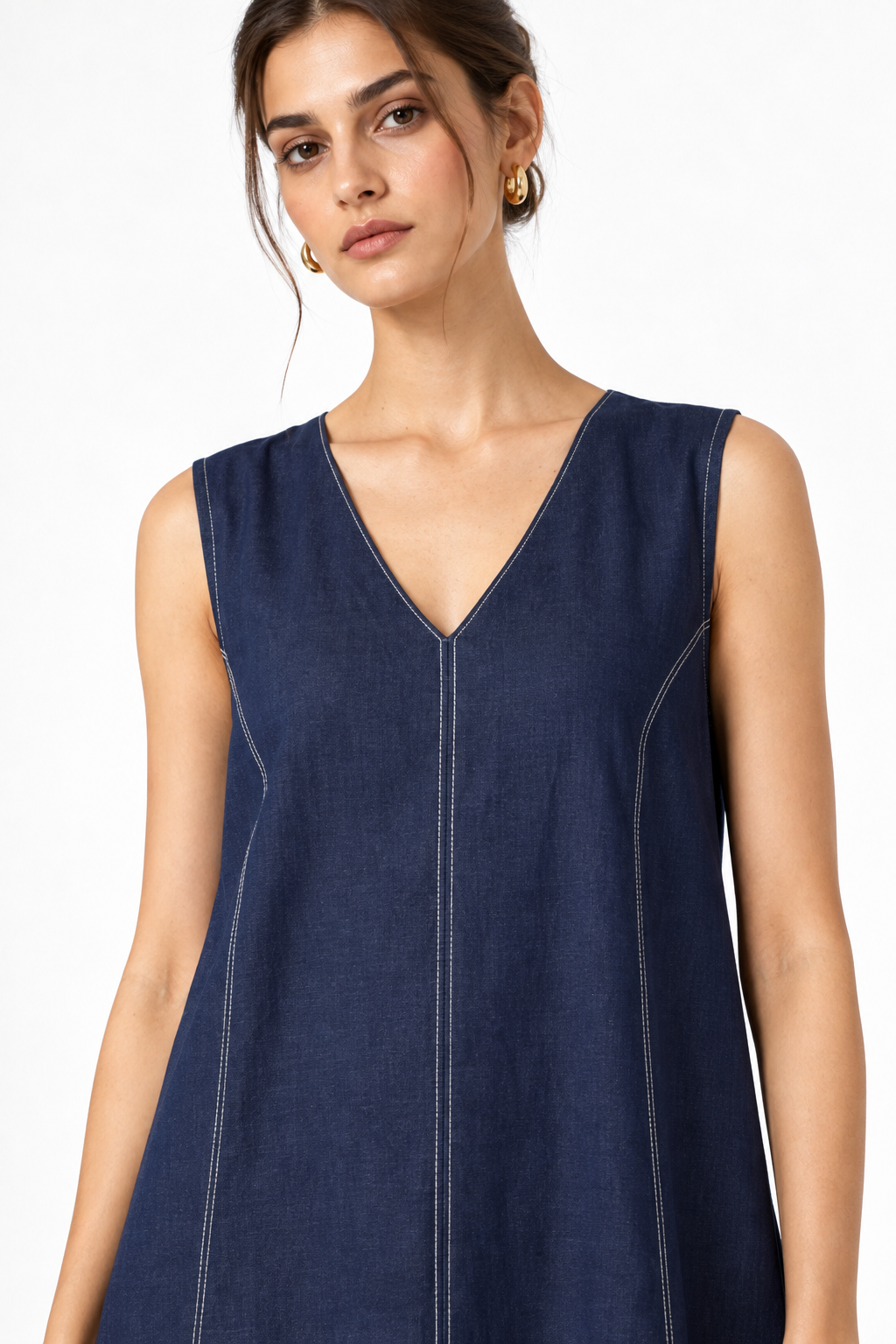Denim blue linen V-neck dress with contrast stitching detail