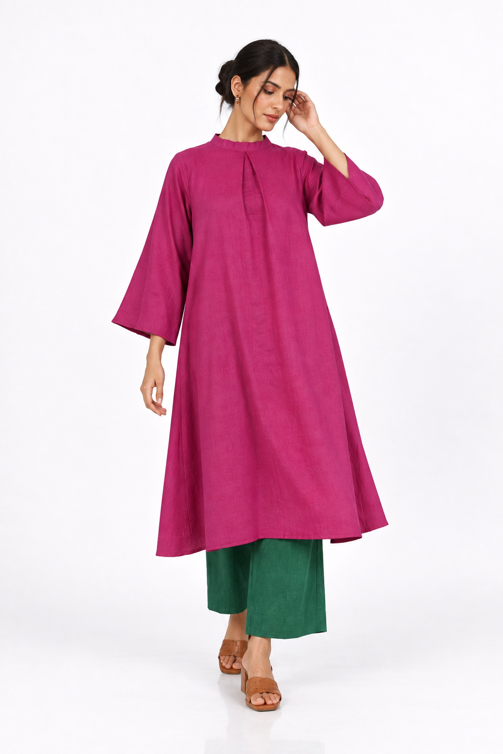 Gulbahar Rani pink linen tunic with bottle green pants for women