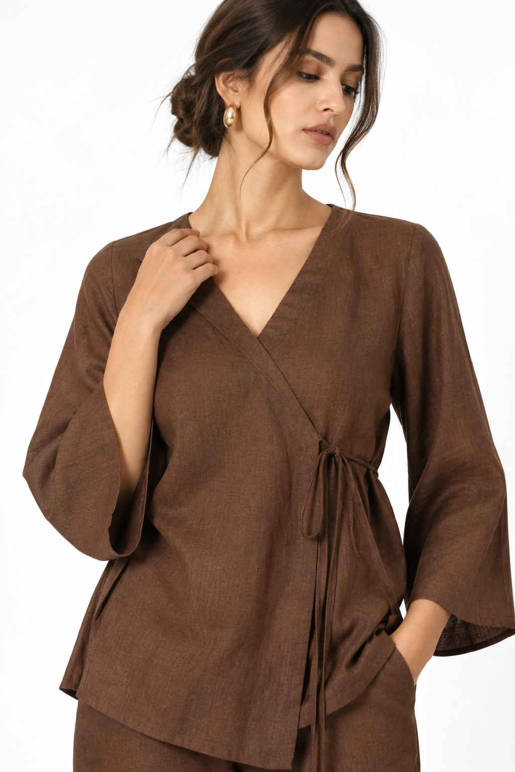 Kaha brown linen wrap top with V-neck and waist tie detail