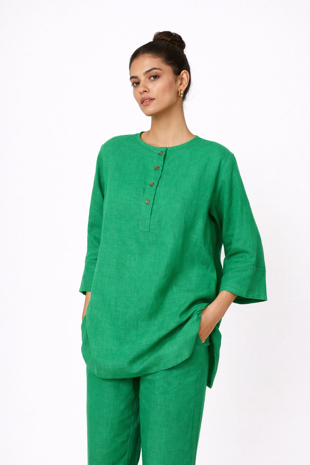 Linen Kurta Band Collar Detail – Harit Kurta Set for Women