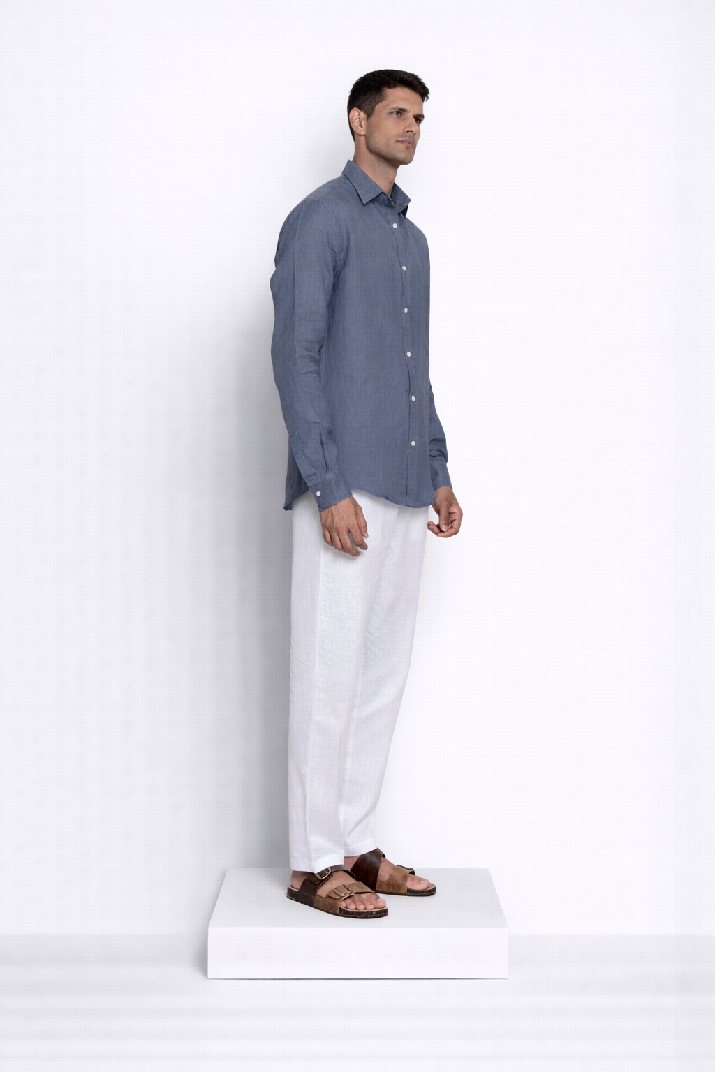 Side profile of Monday blue linen shirt for men by LININ