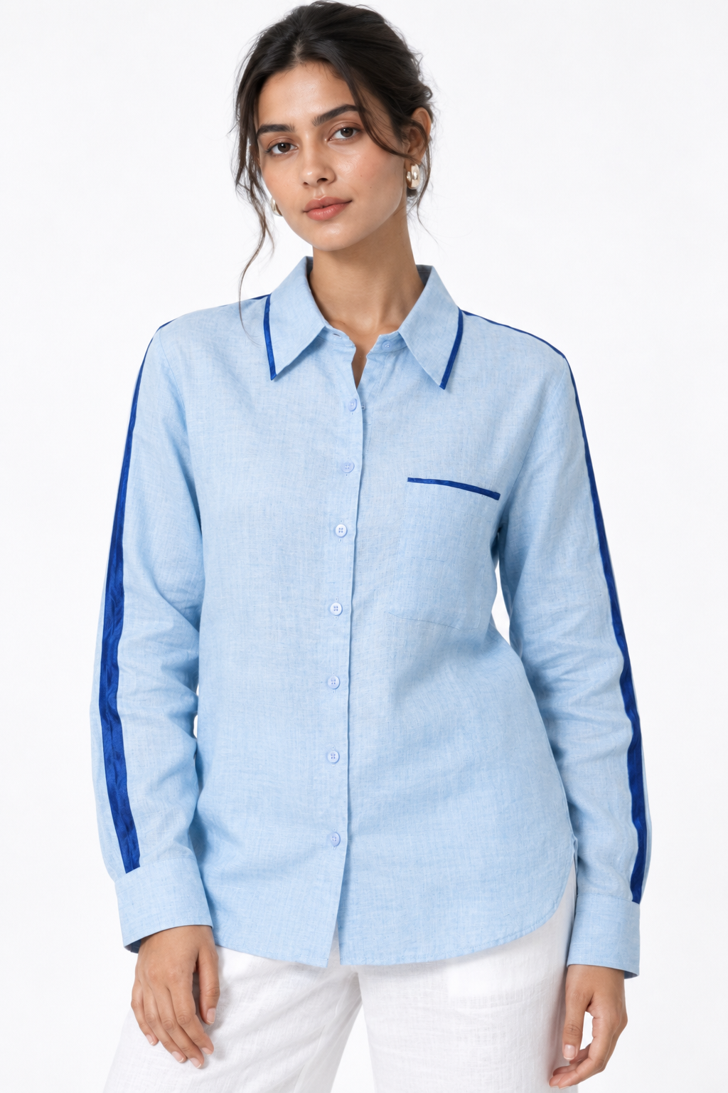 Ocean blue linen shirt with satin detailing for women