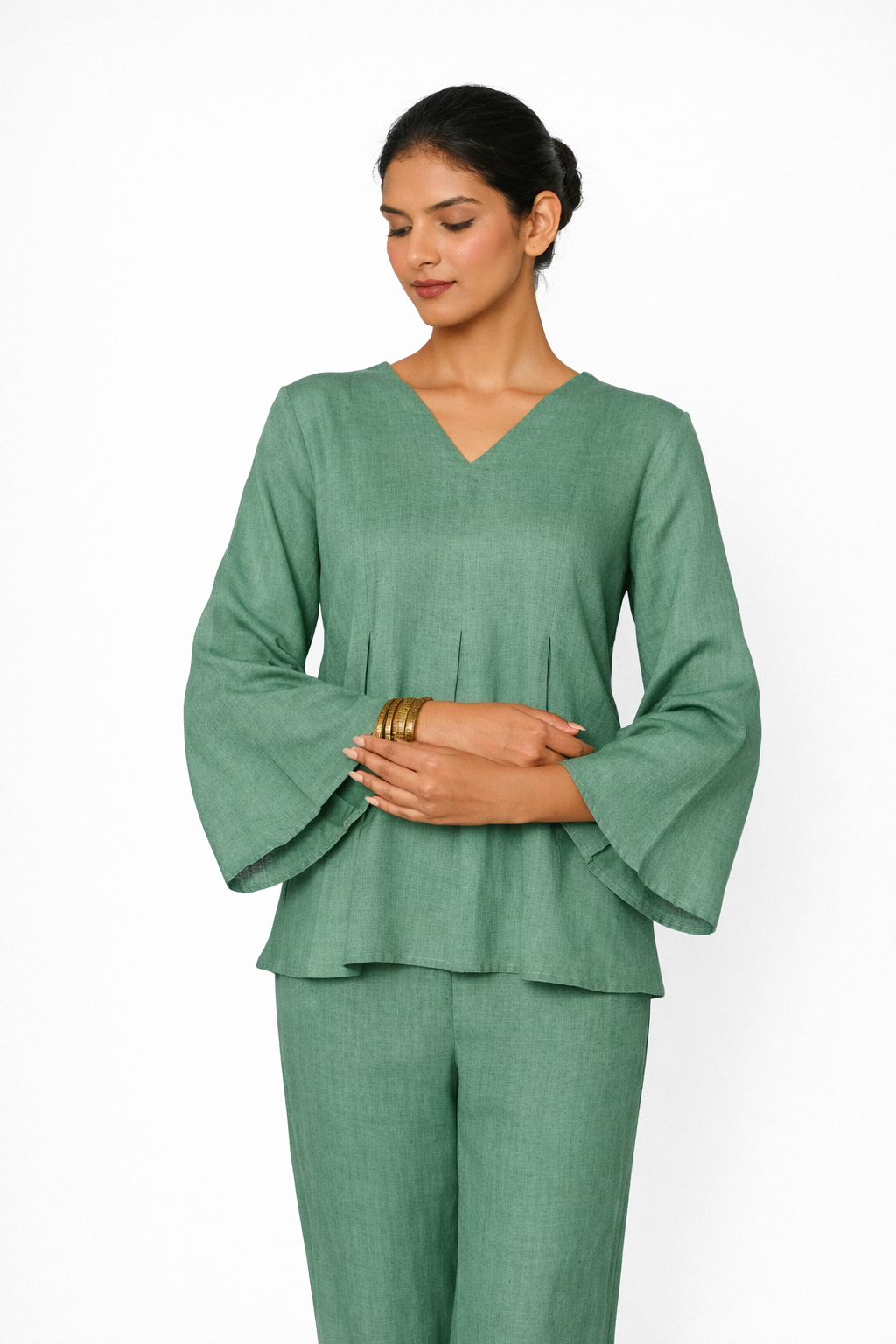 Sage Green Linen Set Top with V-Neck and Bell Sleeves – Women’s Linen Outfit