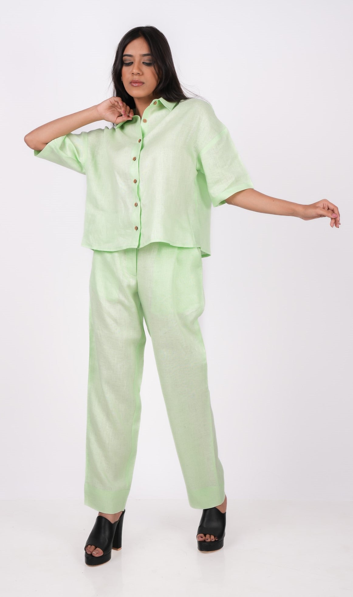 Kiwi Green Linen Co-Ord Set - Includes Pair of Pants and Half Sleeves Drooping Shoulder Shirt