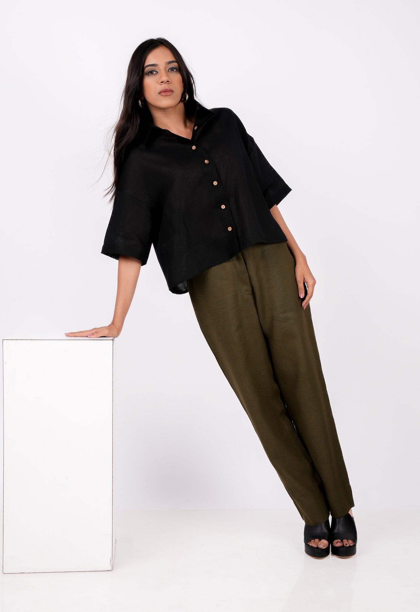 Forest Green Flat Front Linen Pants