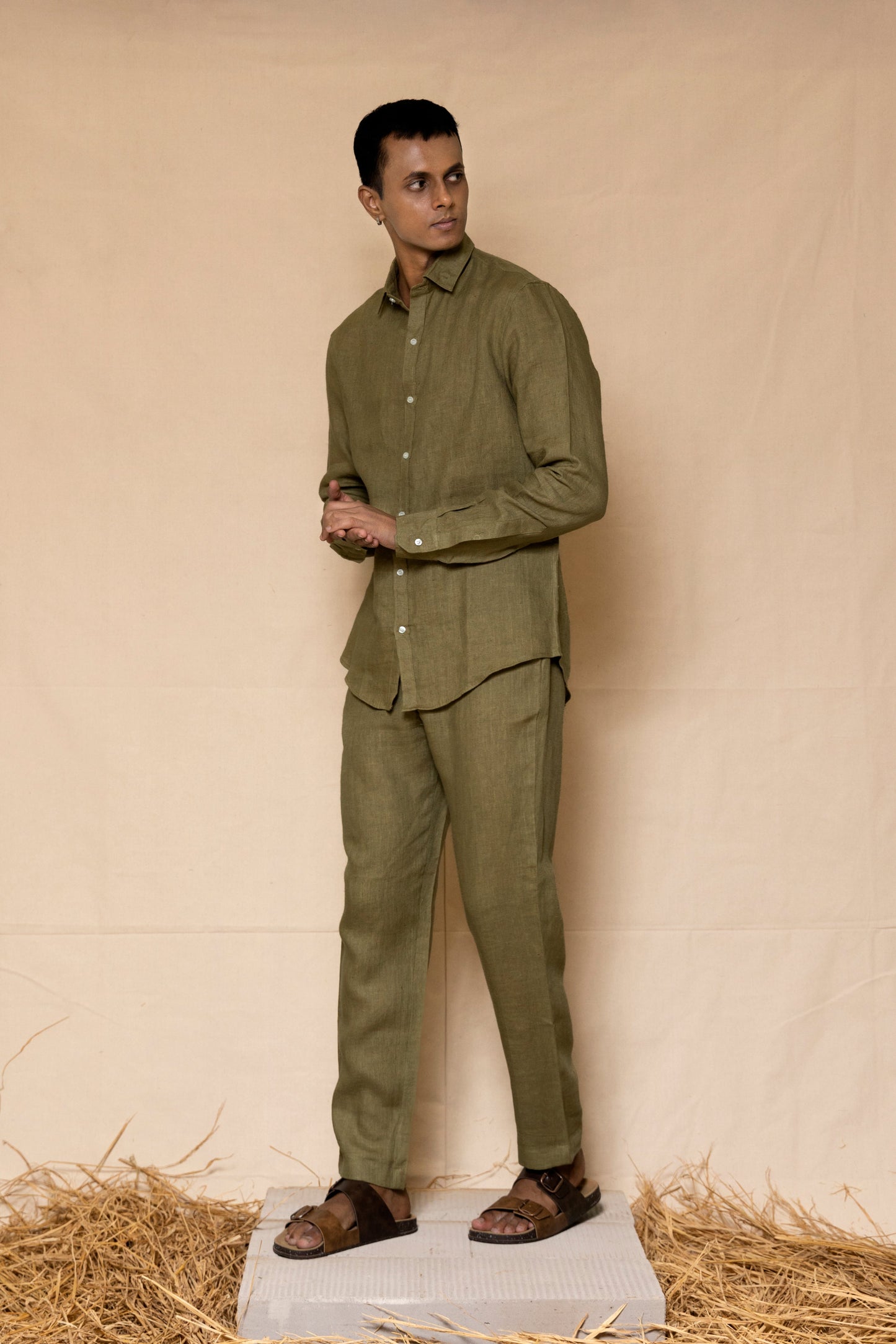 Olive Green Linen Pants for Men