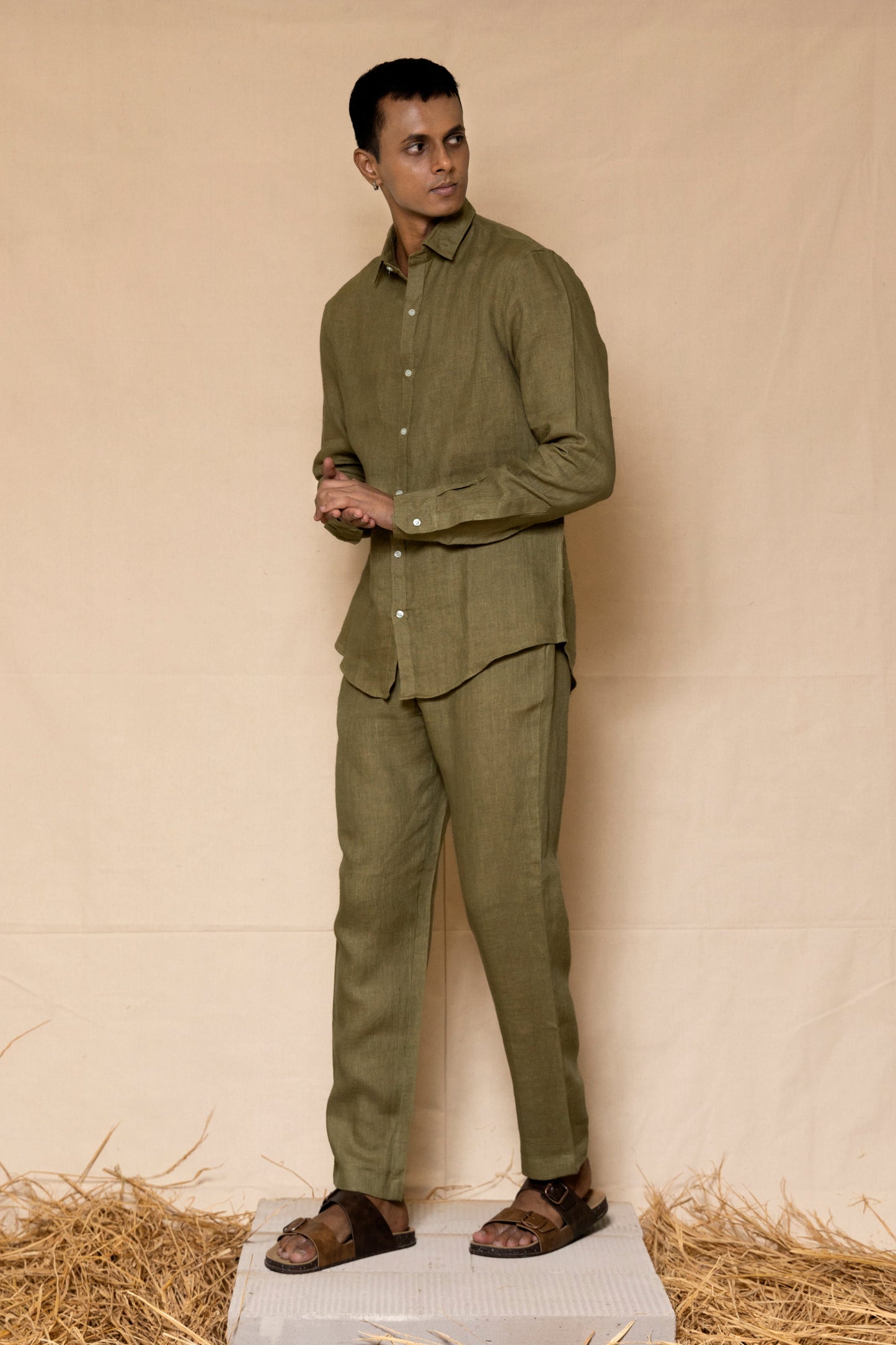 Olive Green Men's Linen Regular Collar Shirt