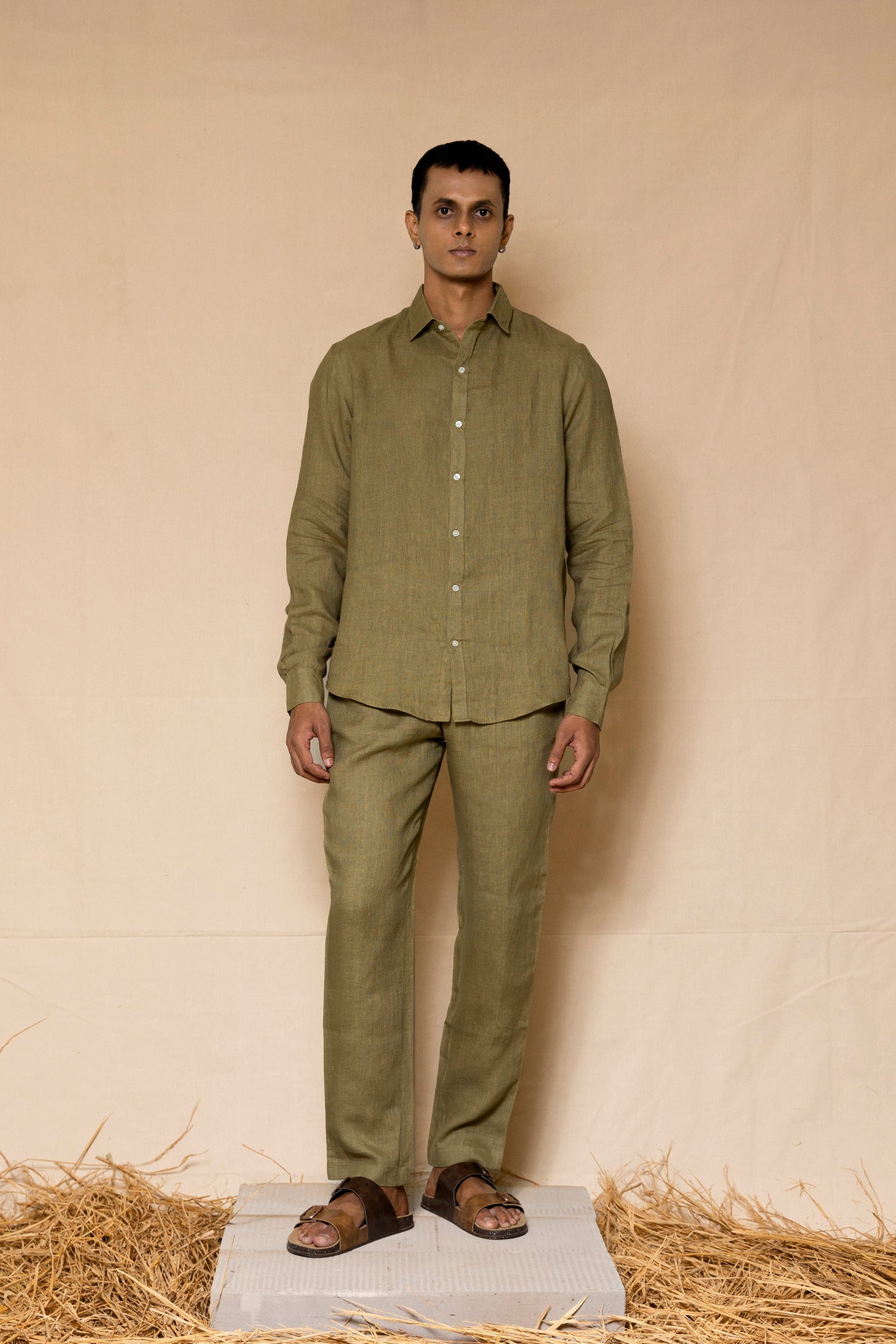 Olive Green Linen Pants for Men