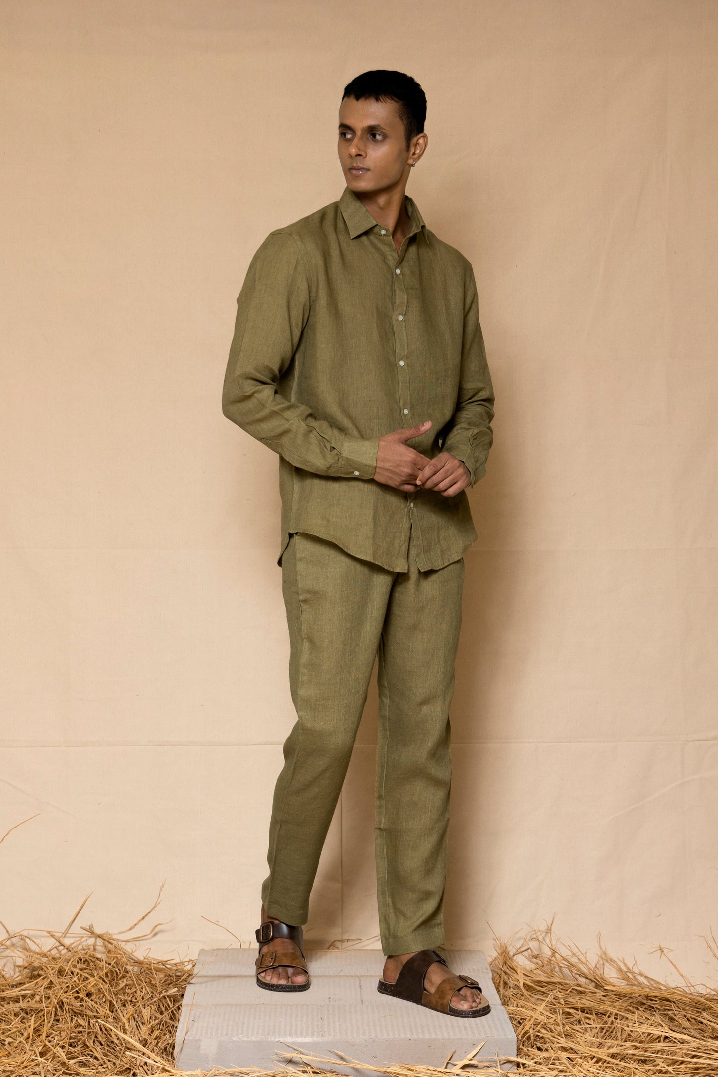 Olive Green Men's Linen Regular Collar Shirt