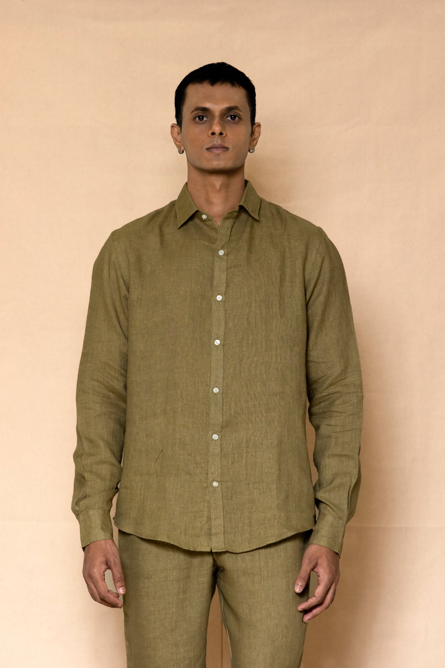 Olive Green Men's Linen Regular Collar Shirt