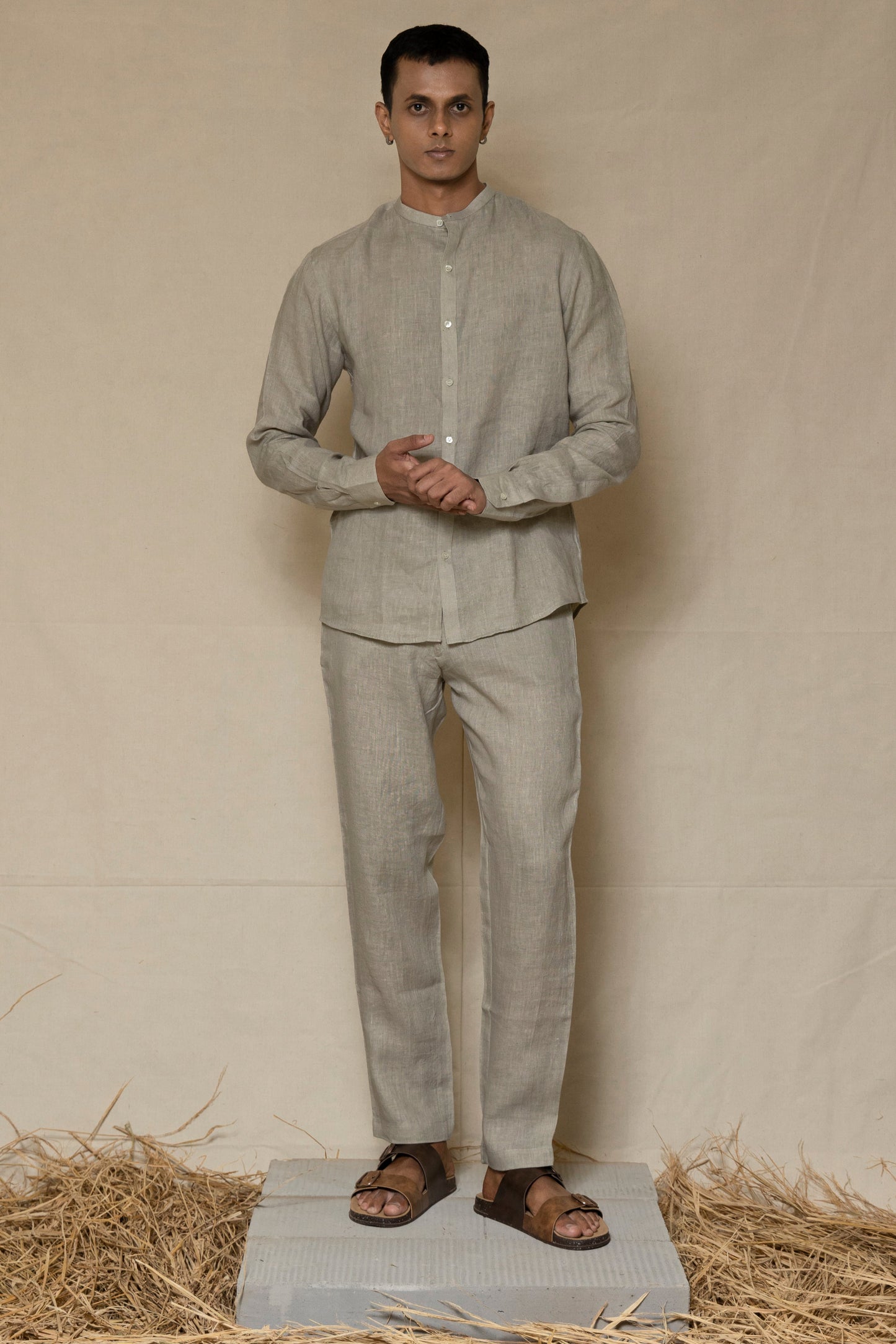 Ash Grey Men's Linen Chinese Collar Shirt