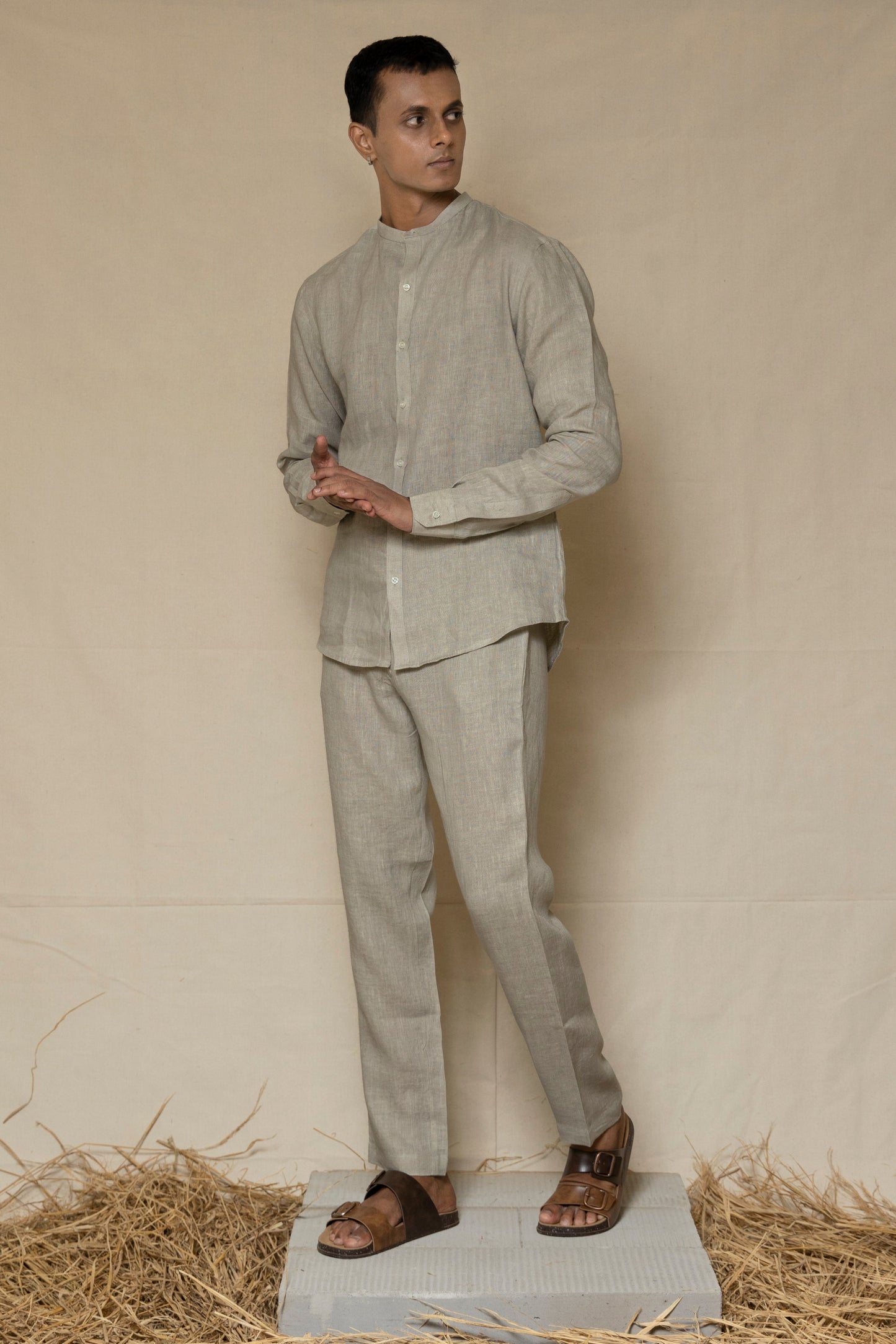 Ash Grey Men's Linen Chinese Collar Shirt