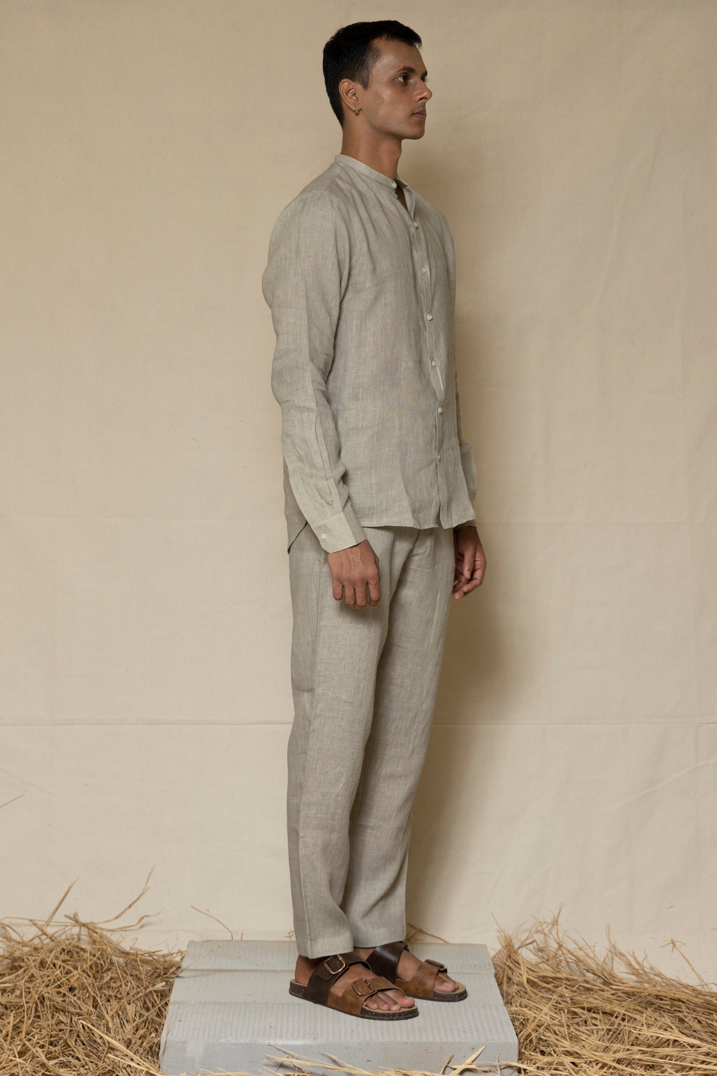 Ash Grey Men's Linen Chinese Collar Shirt