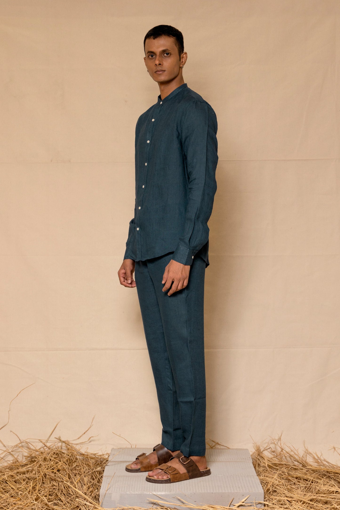 Indigo Men's Linen Chinese Collar Shirt