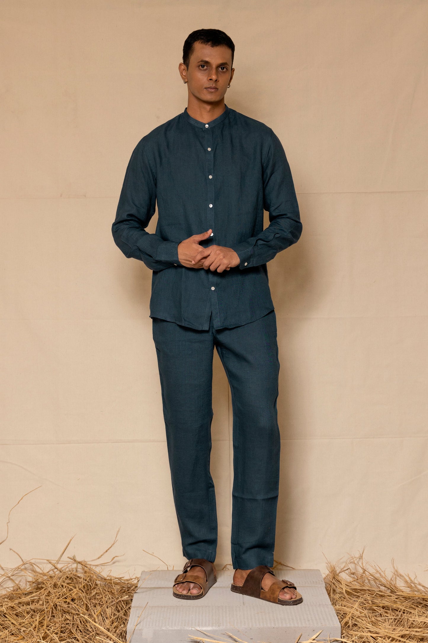 Indigo Men's Linen Chinese Collar Shirt