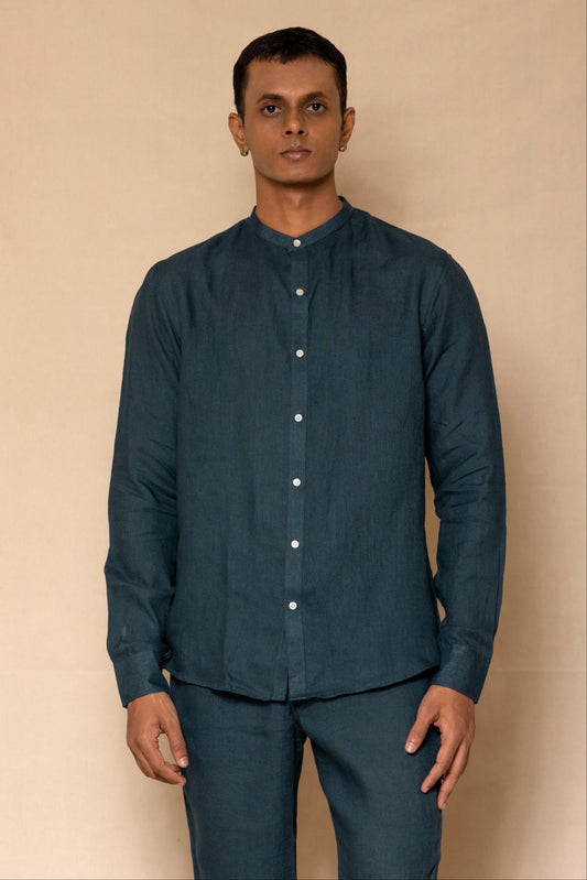 Indigo Men's Linen Chinese Collar Shirt