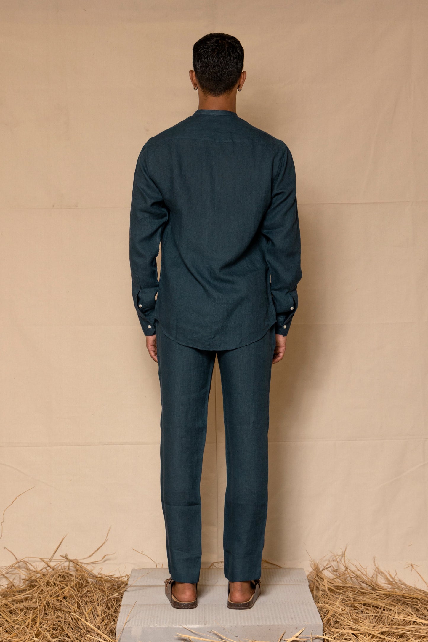 Indigo Men's Linen Chinese Collar Shirt