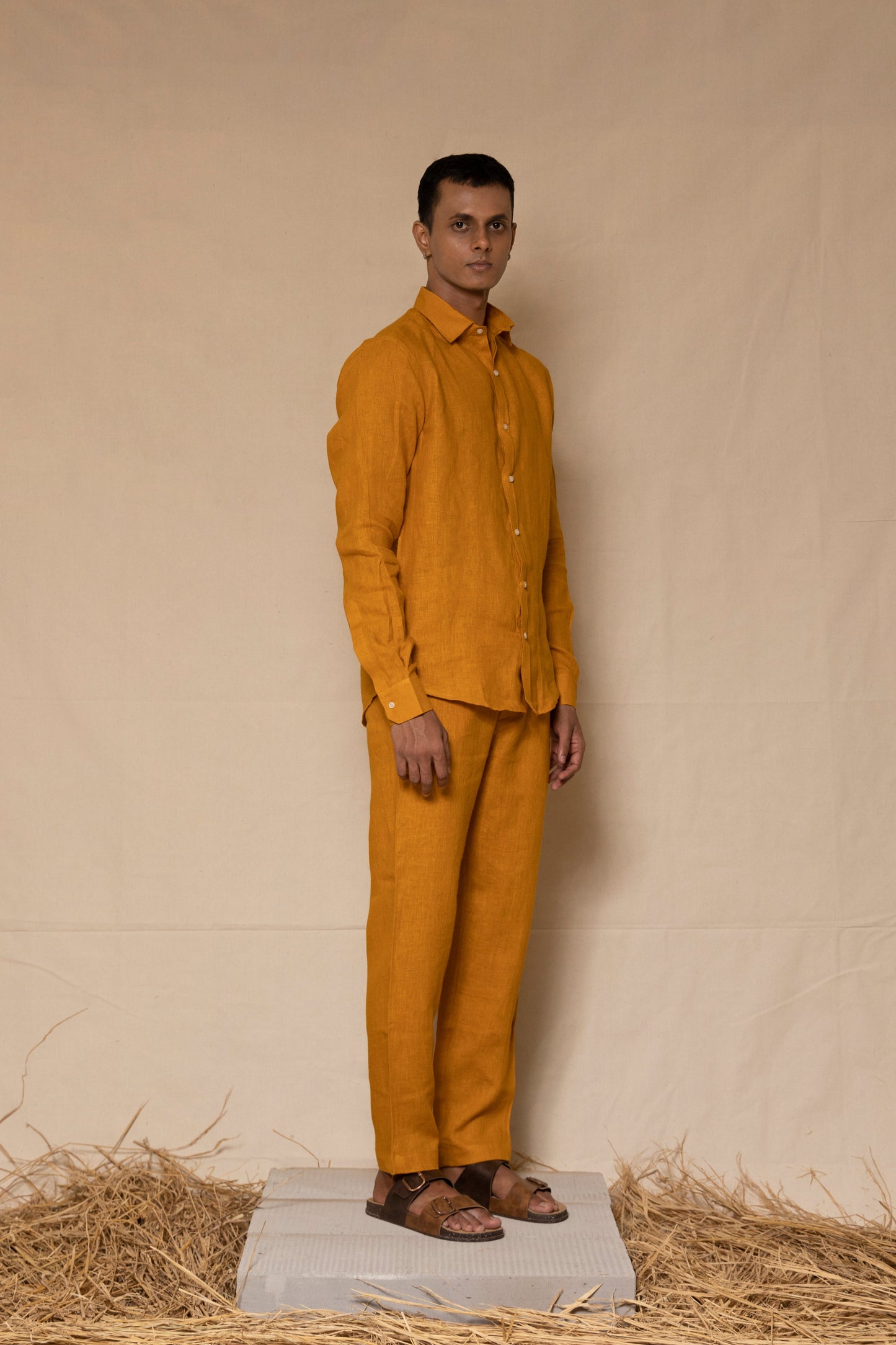 Mustard Men's Linen Regular Collar Shirt