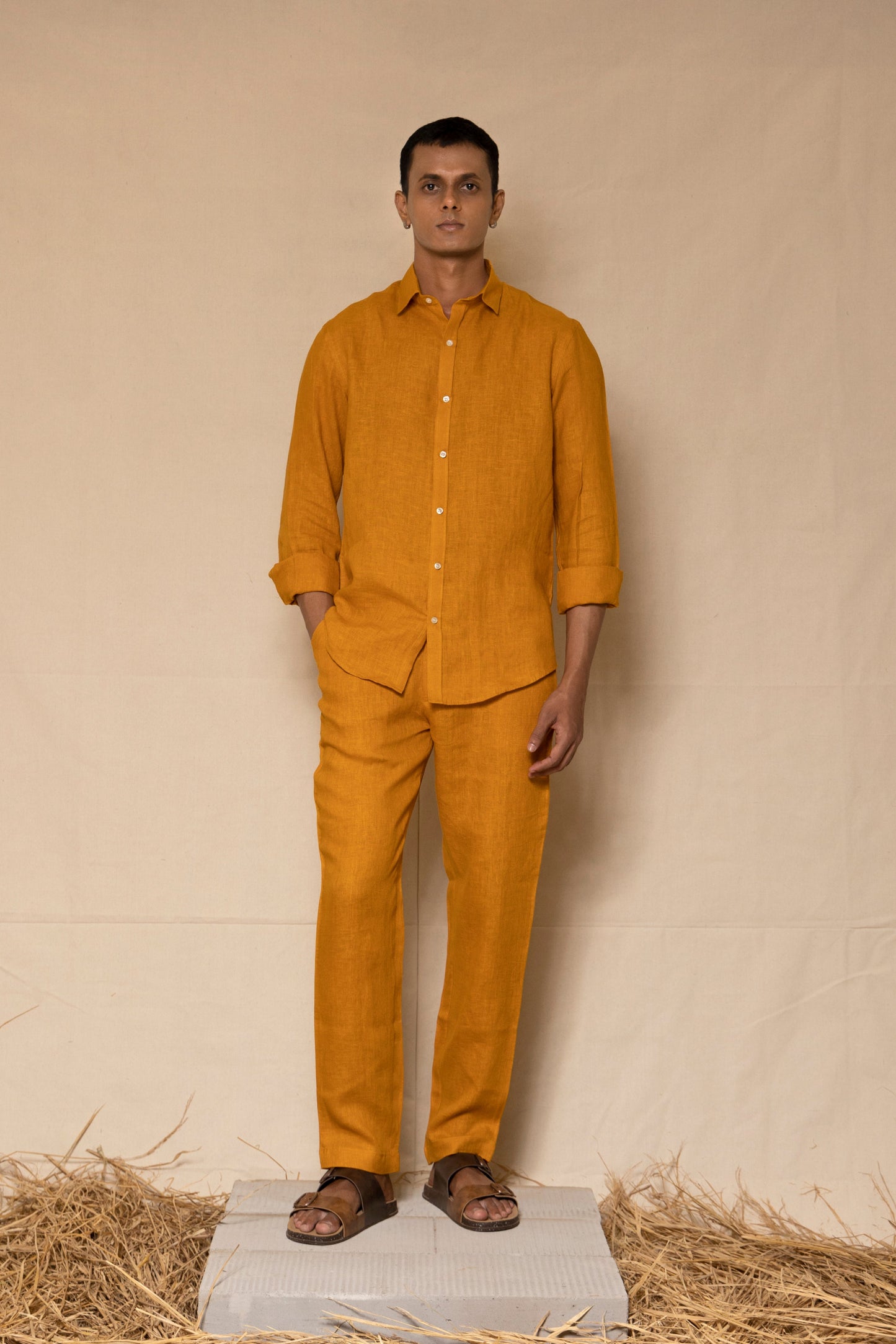 Mustard Men's Linen Regular Collar Shirt