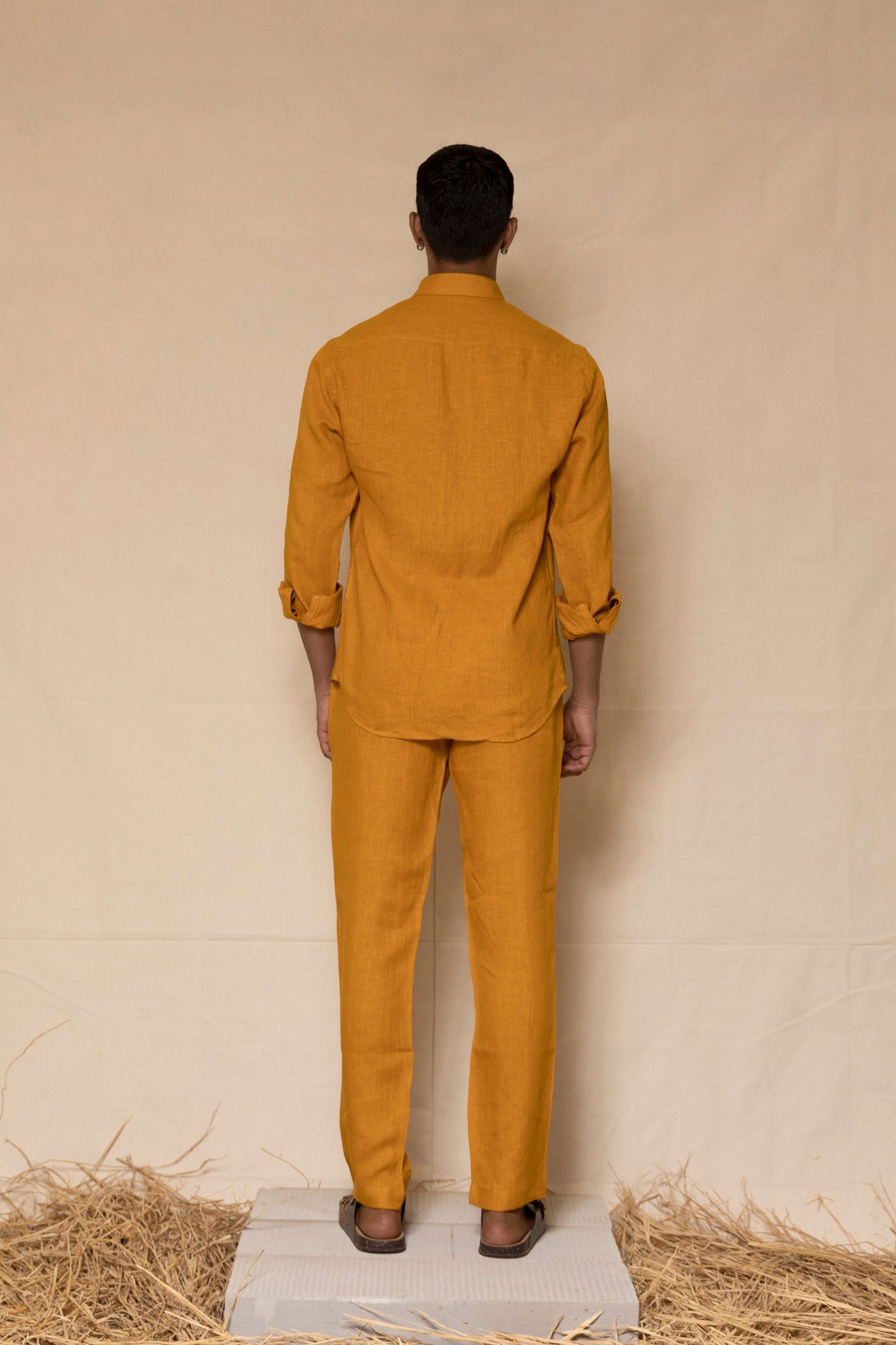 Mustard Men's Linen Regular Collar Shirt