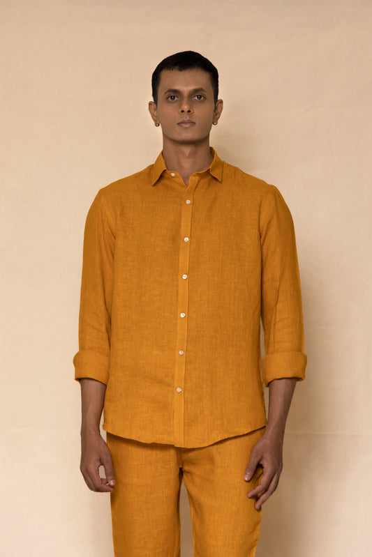 Mustard Men's Linen Regular Collar Shirt