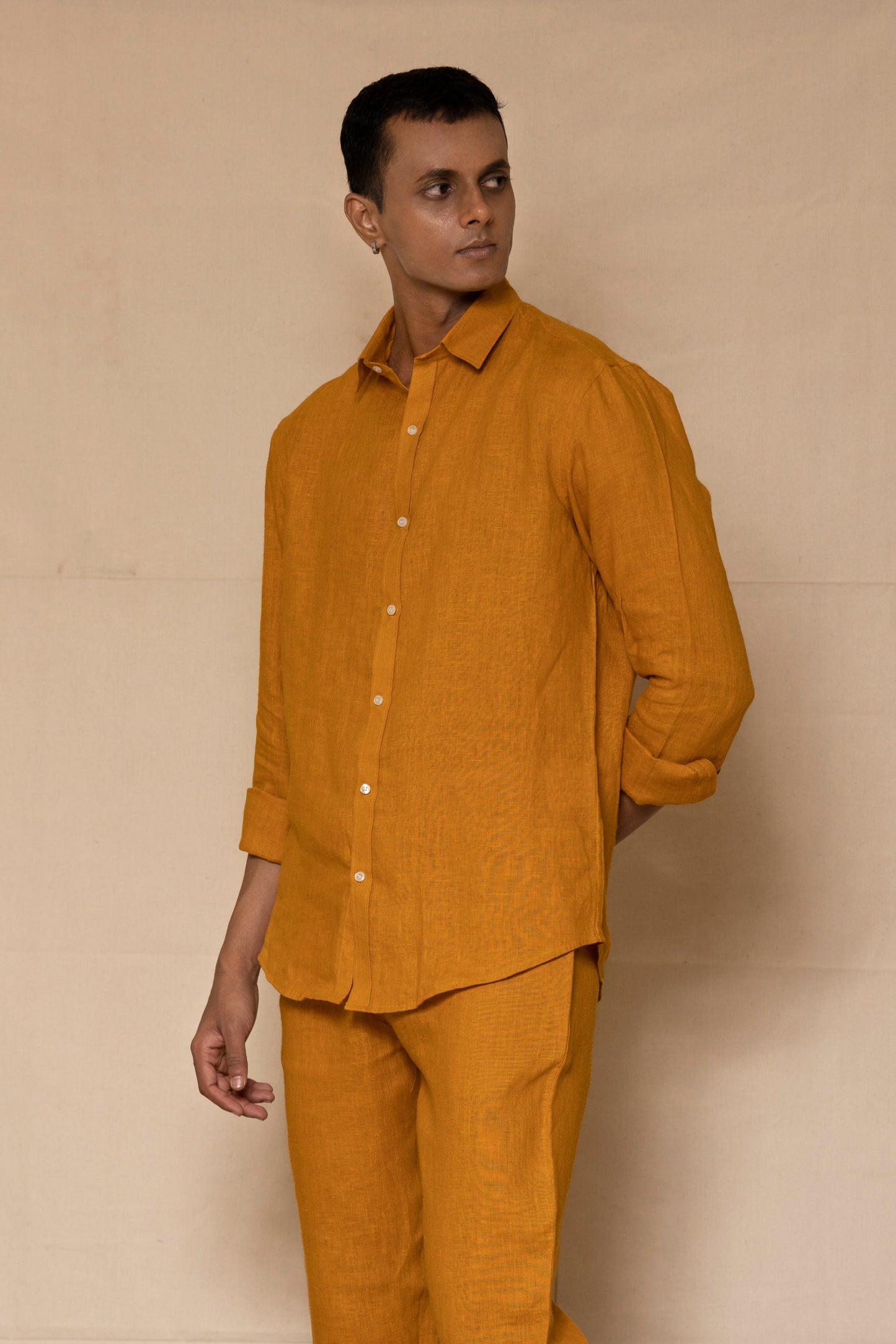 Mustard Men's Linen Regular Collar Shirt