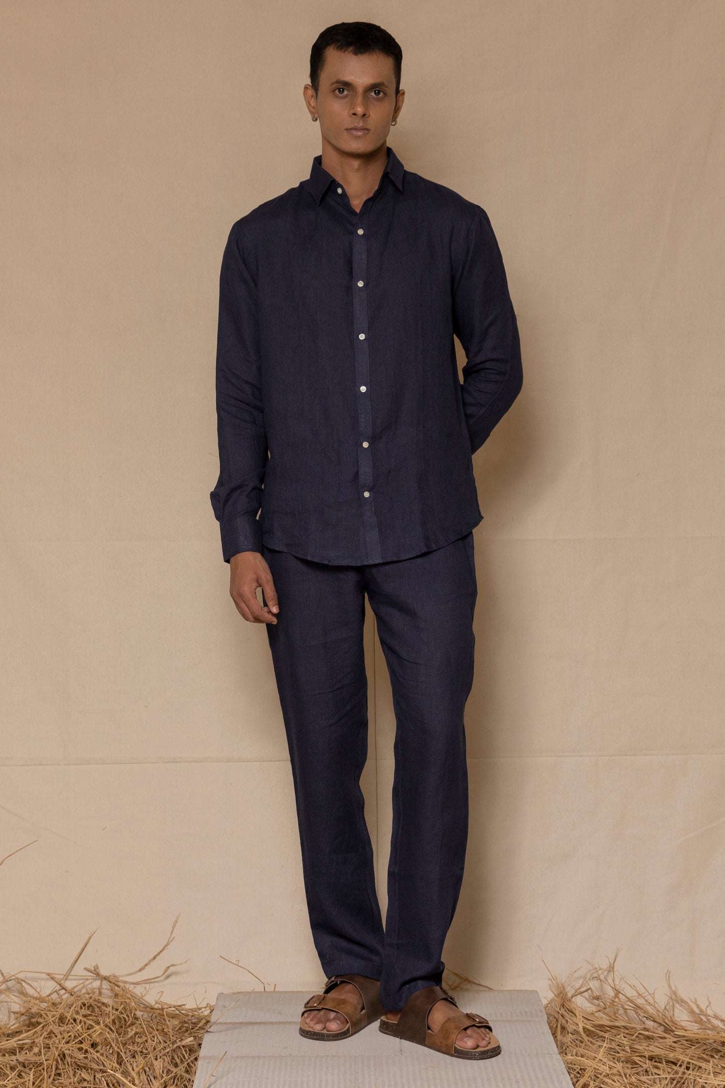 Navy Blue Men's Linen Co-ord Set