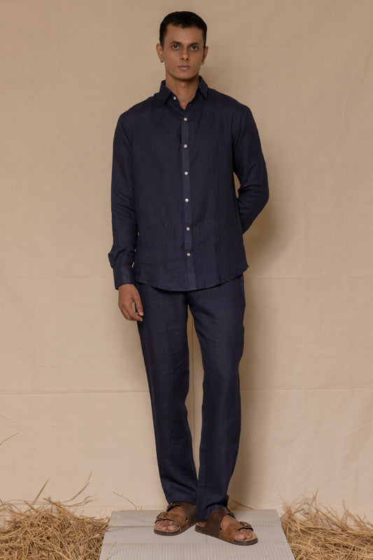 Navy Blue Men's Linen Co-ord Set