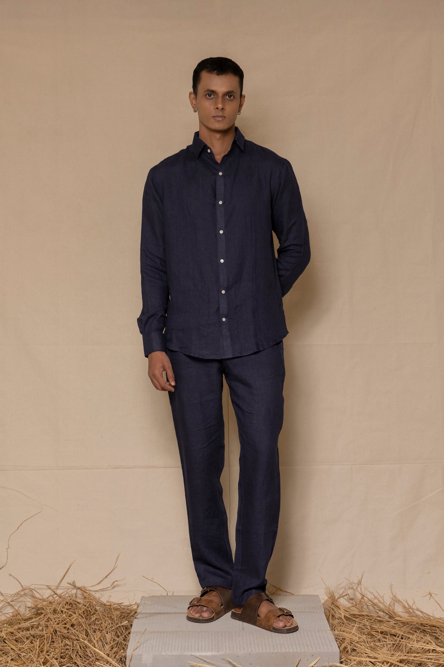 Navy Blue Men's Linen Regular Collar Shirt