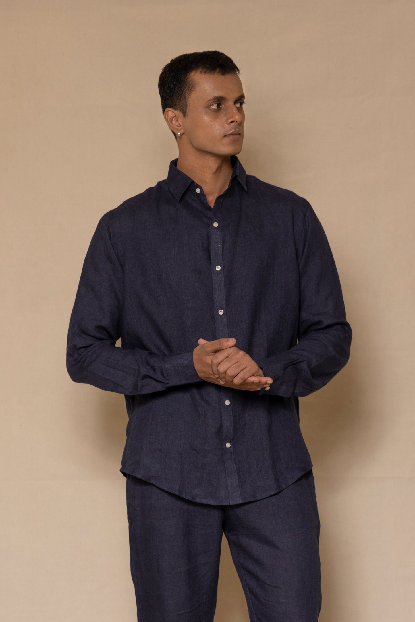 Navy Blue Men's Linen Regular Collar Shirt
