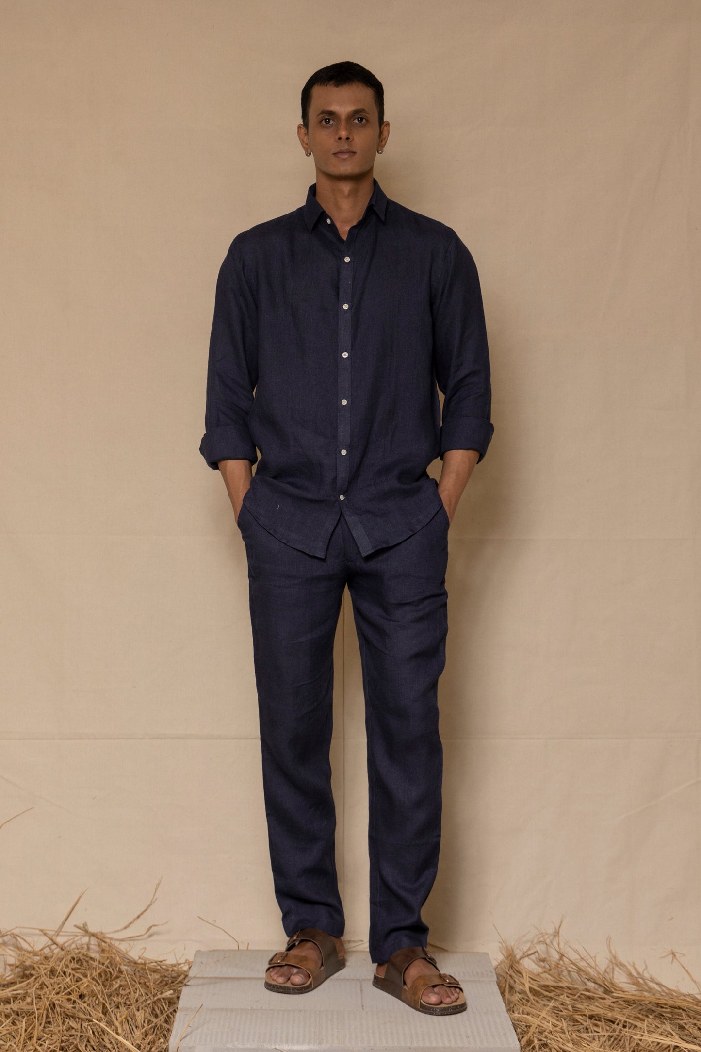 Navy Blue Men's Linen Co-ord Set