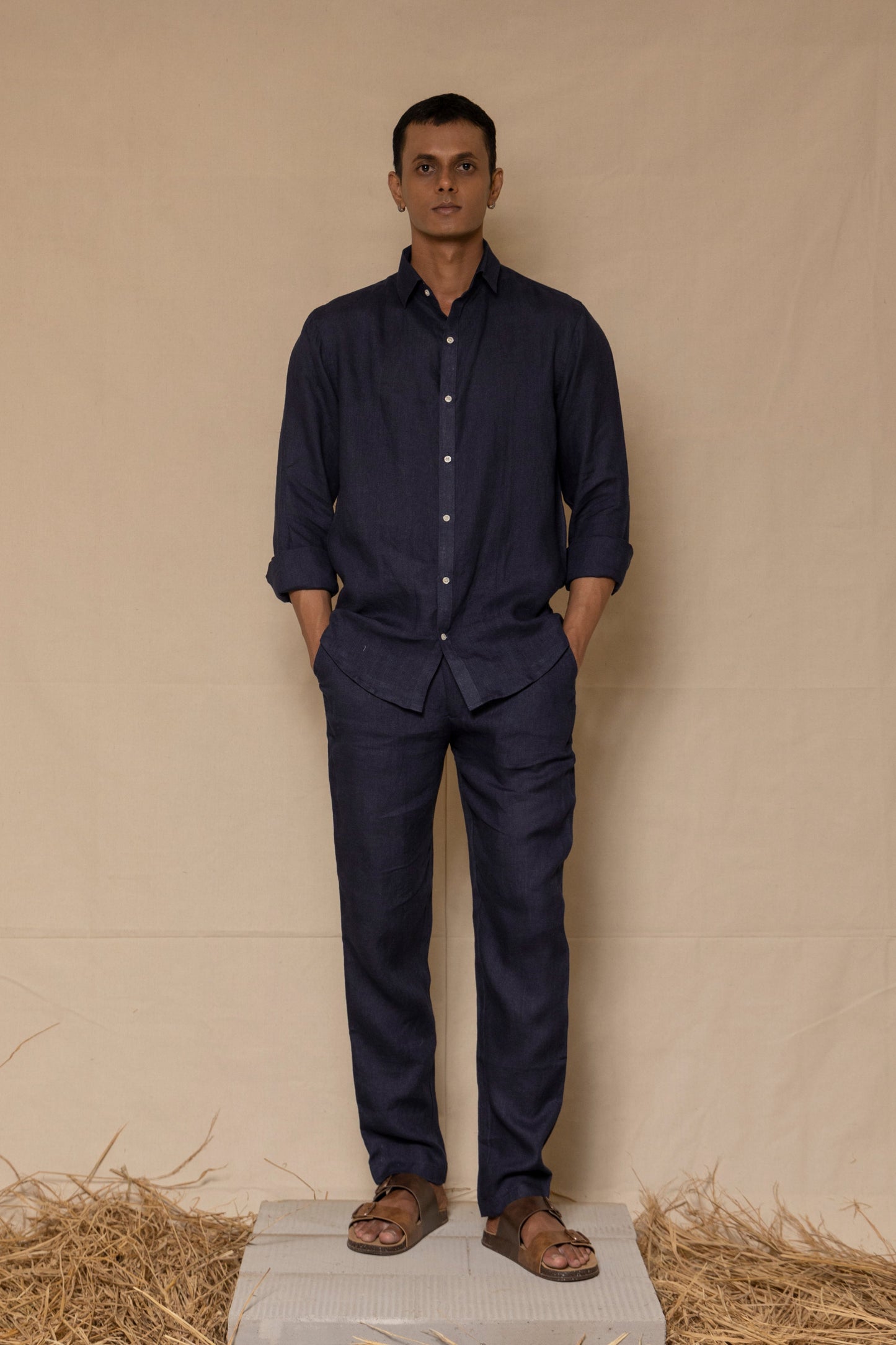 Navy Blue Men's Linen Regular Collar Shirt