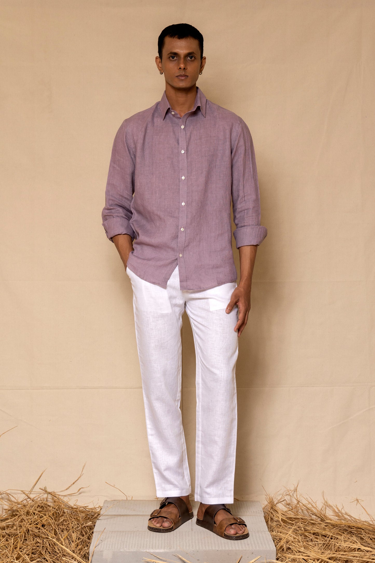 Lilac Men's Linen Regular Collar Shirt
