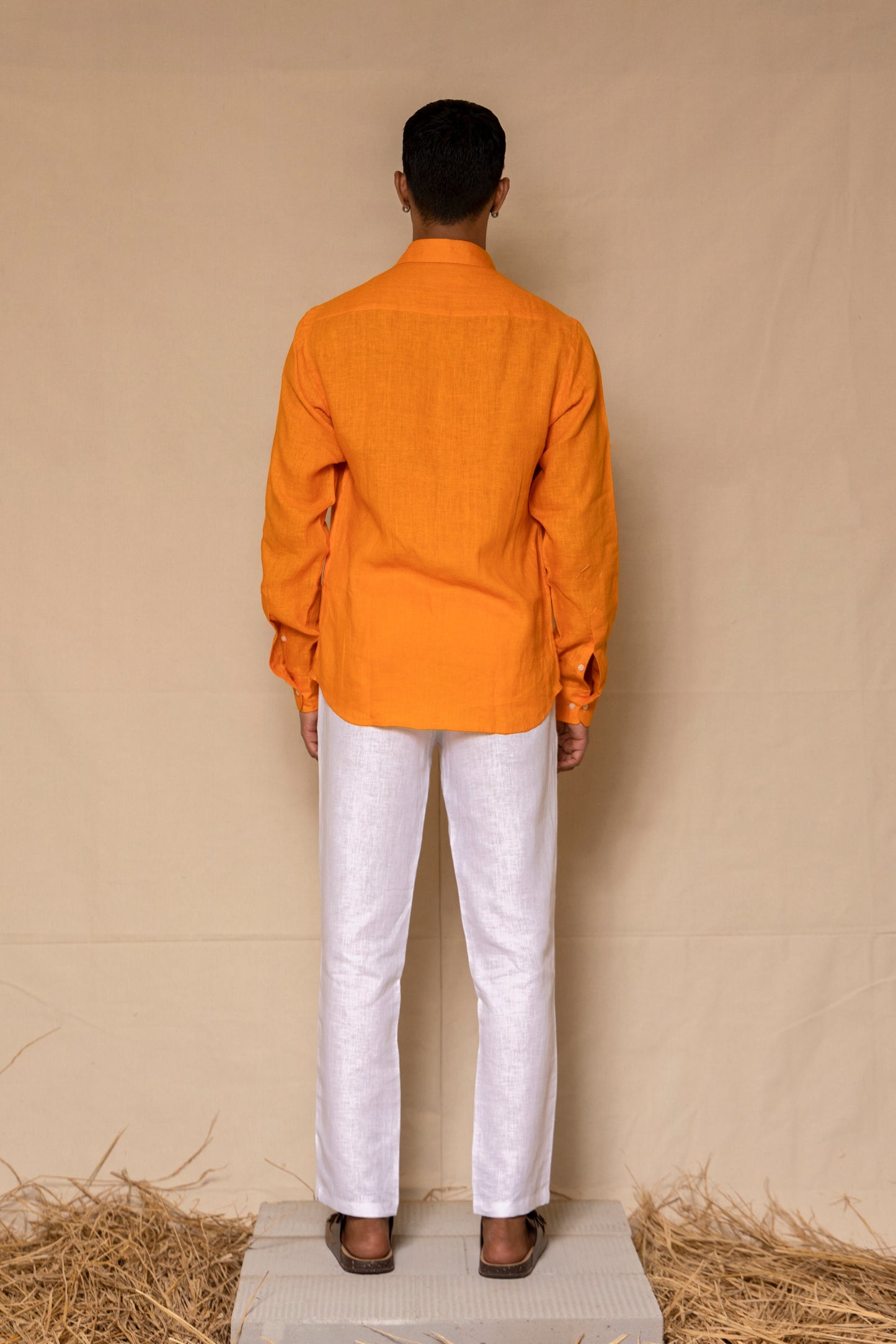 Orange Men's Linen Regular Collar Shirt