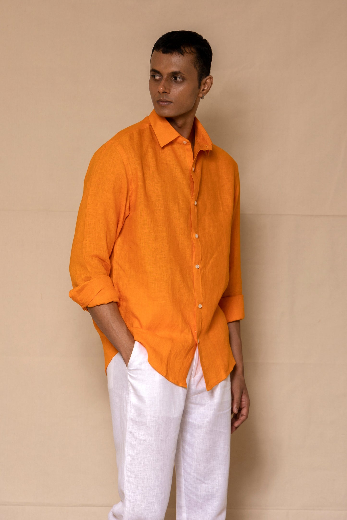Orange Men's Linen Regular Collar Shirt