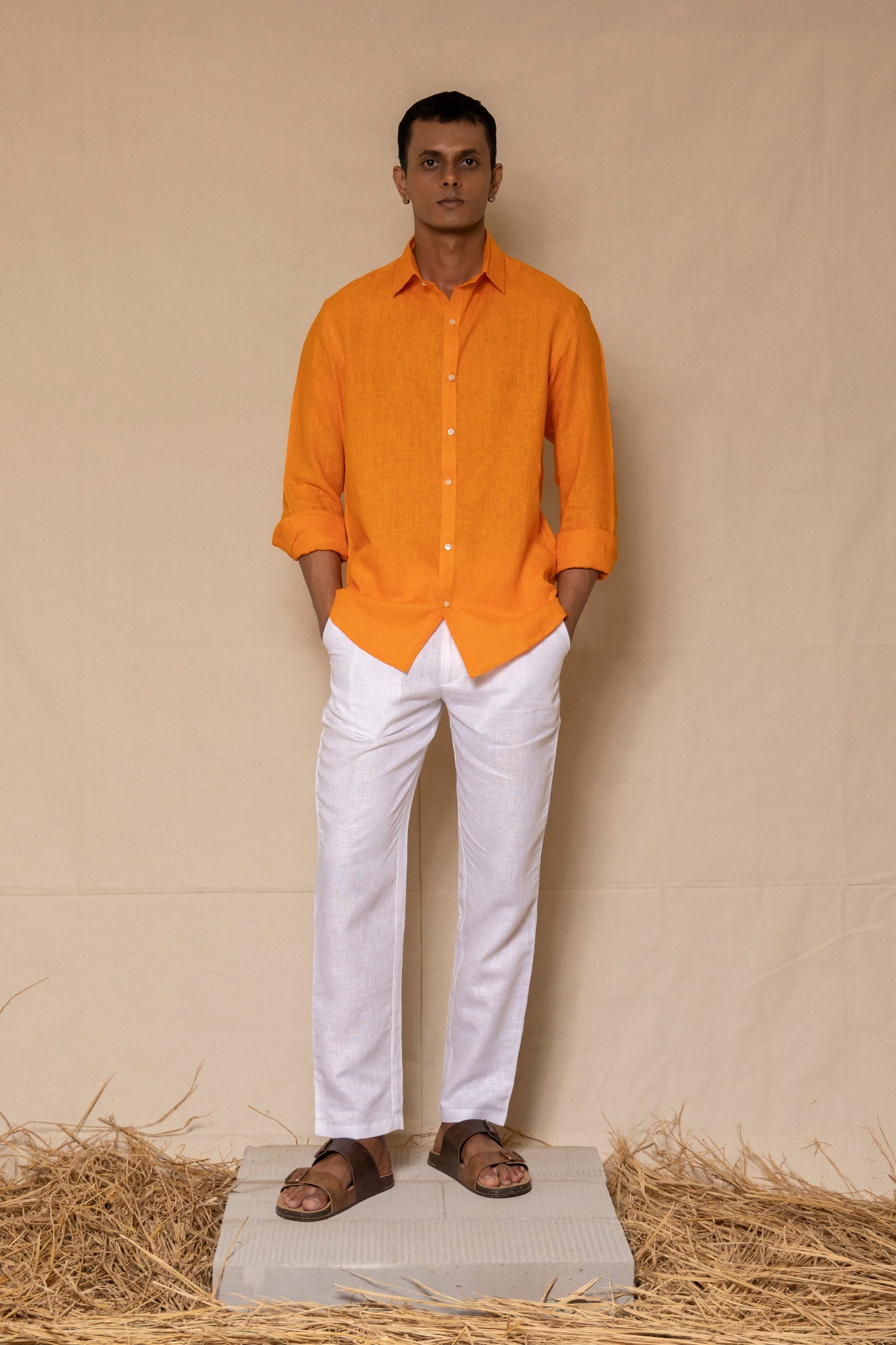 Orange Men's Linen Regular Collar Shirt