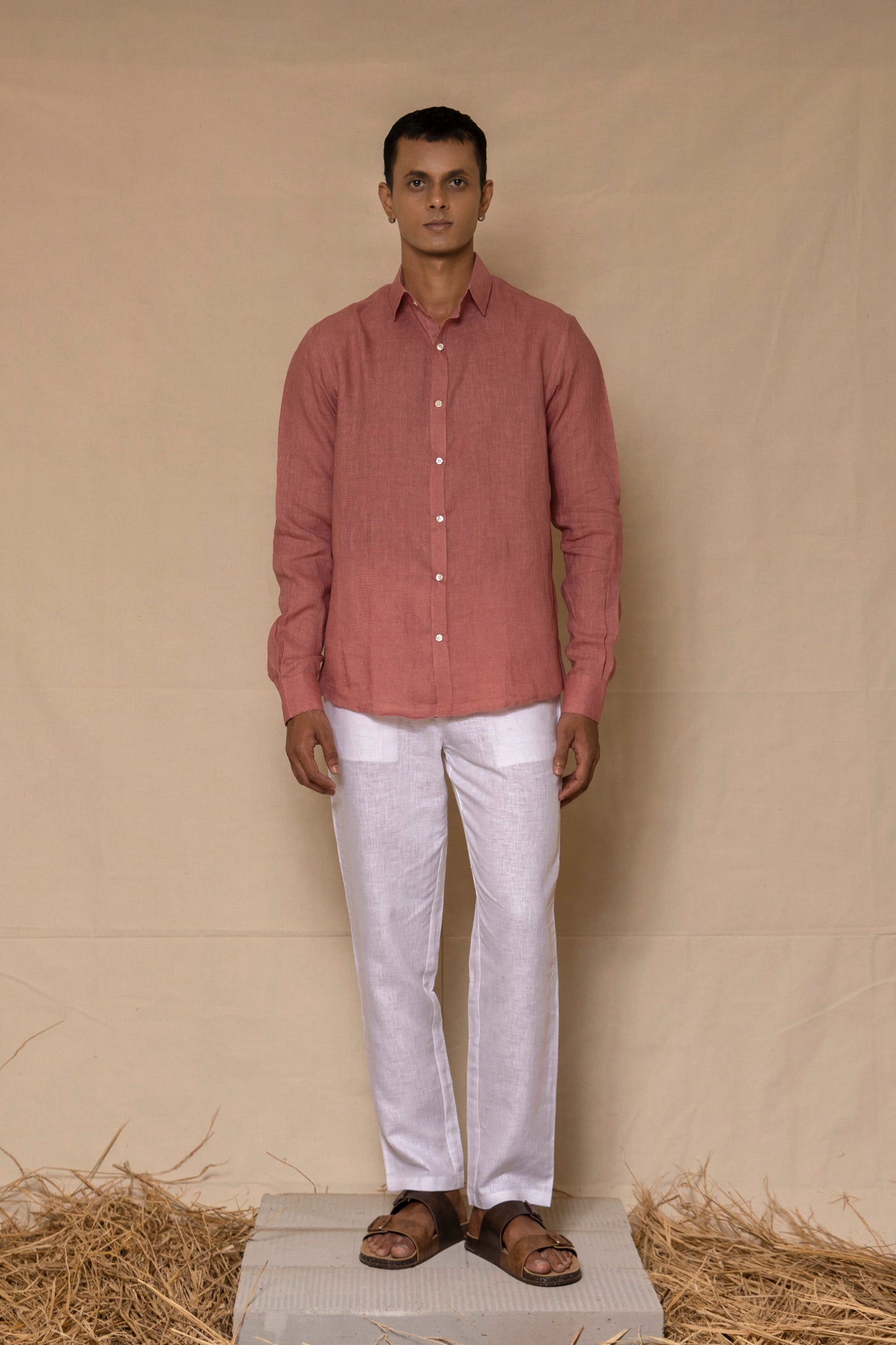 Burnt Rose Men's Linen Regular Collar Shirt