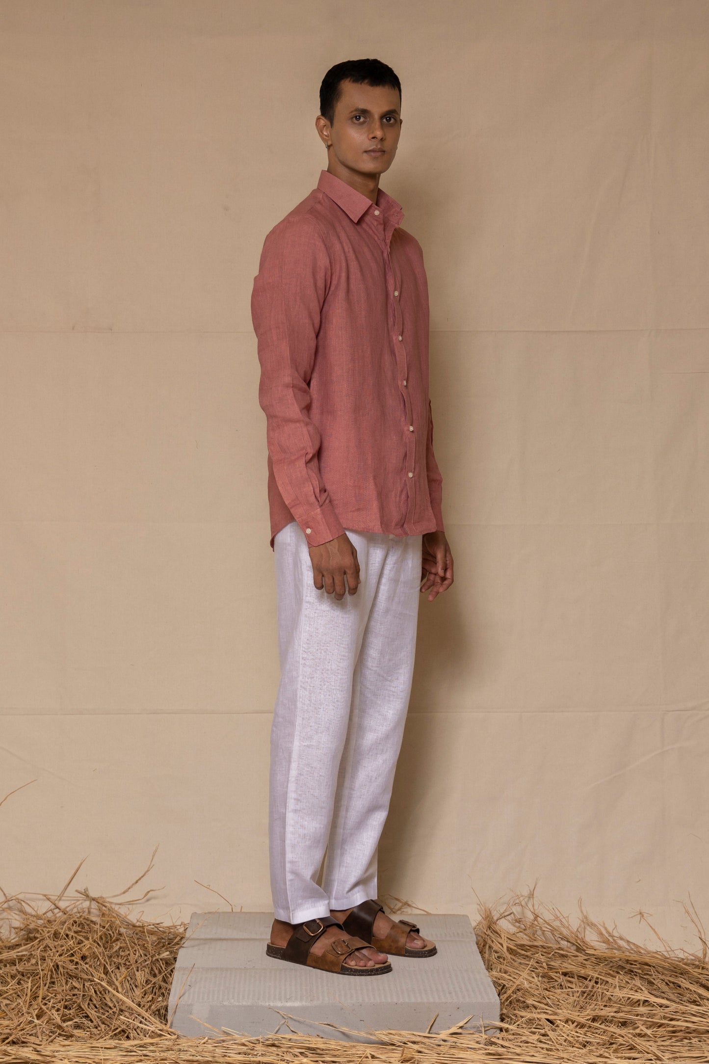 Burnt Rose Men's Linen Regular Collar Shirt