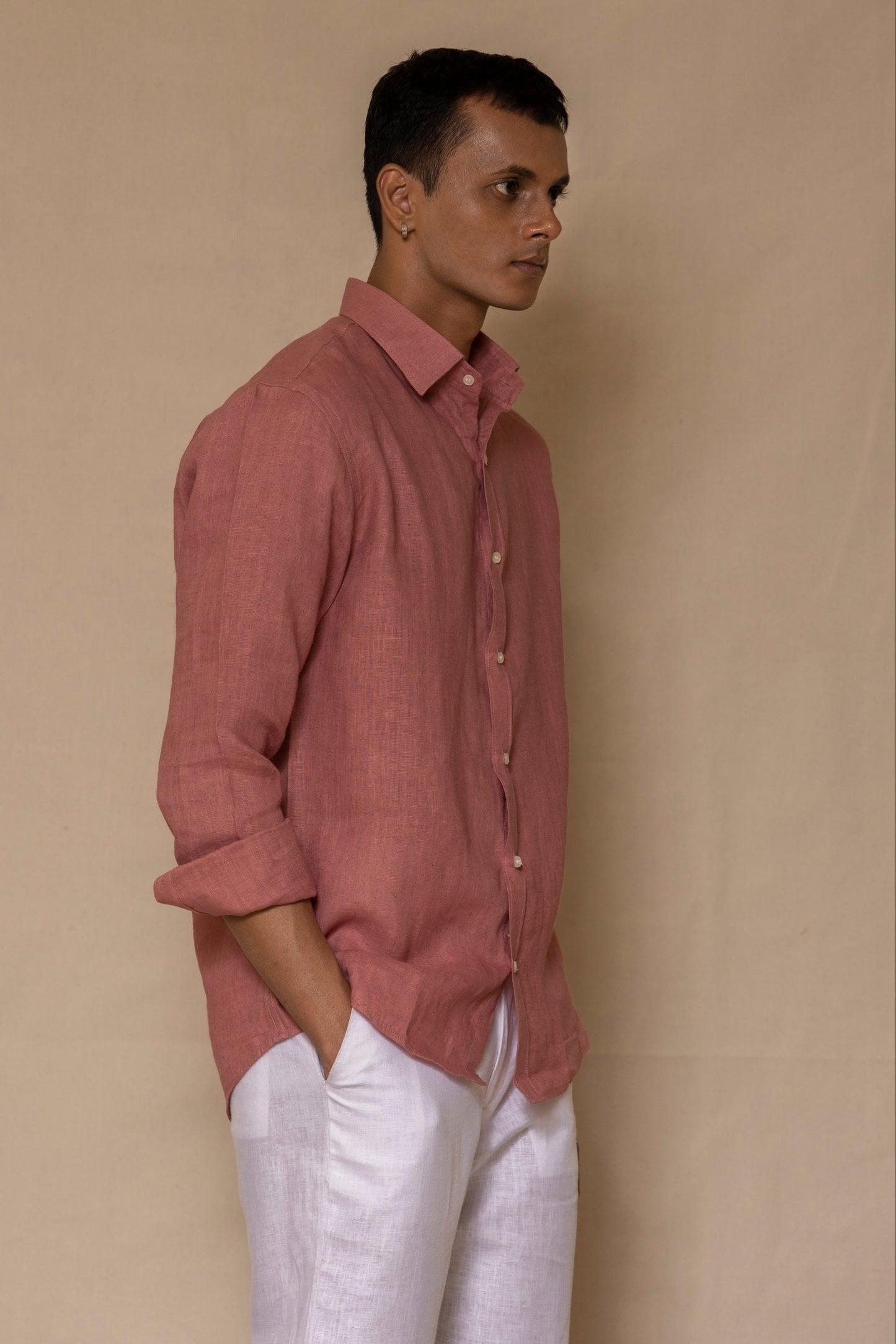 Burnt Rose Men's Linen Regular Collar Shirt