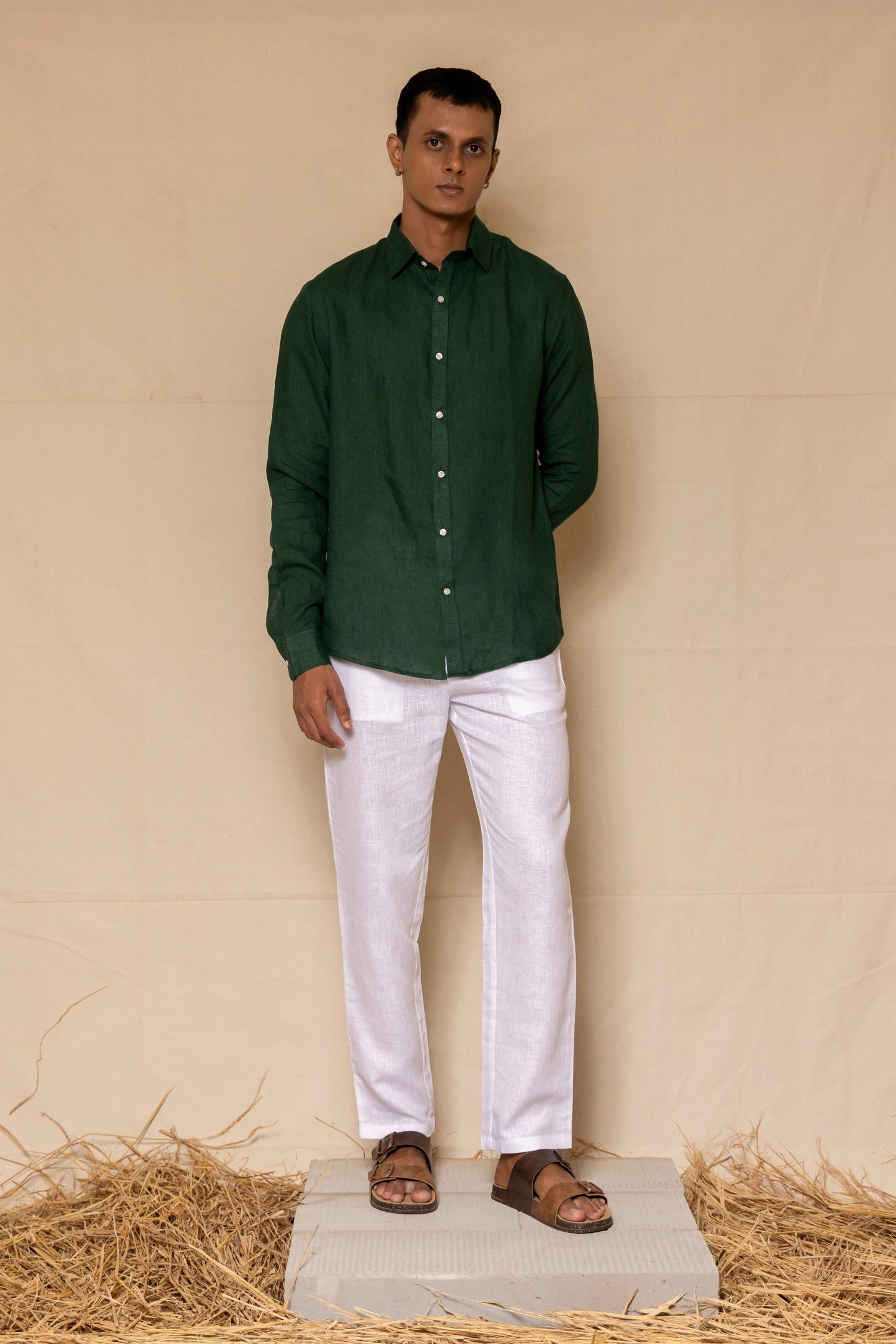 Alpine Green Men's Linen Regular Collar Shirt