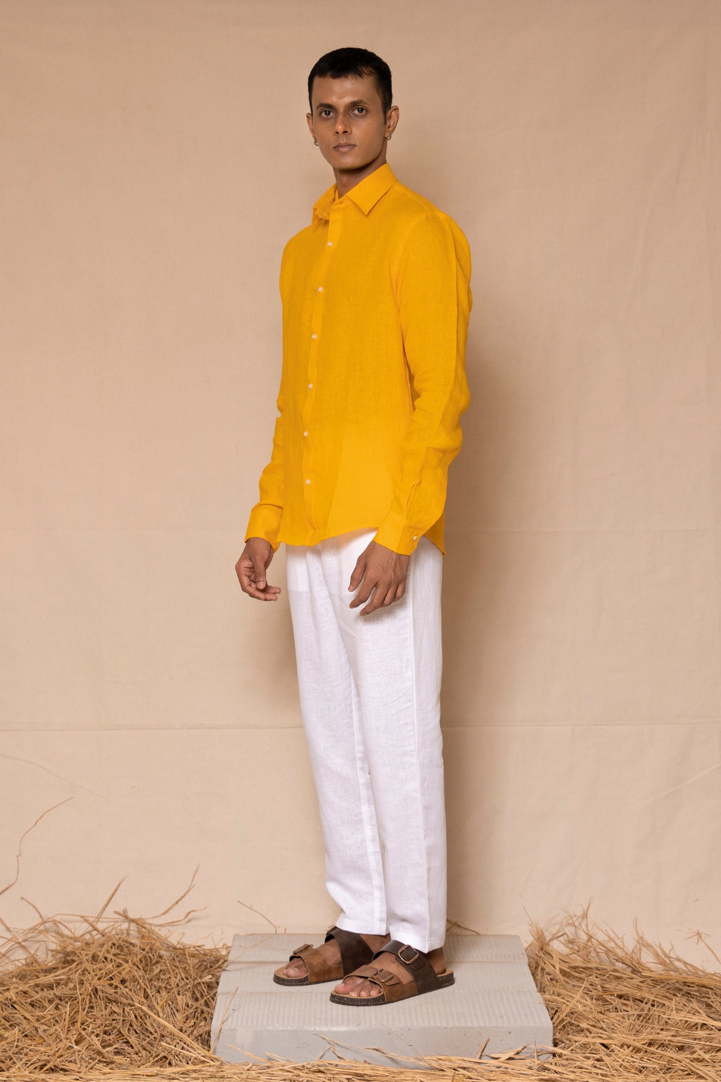 Mango Yellow Men's Linen Regular Collar Shirt