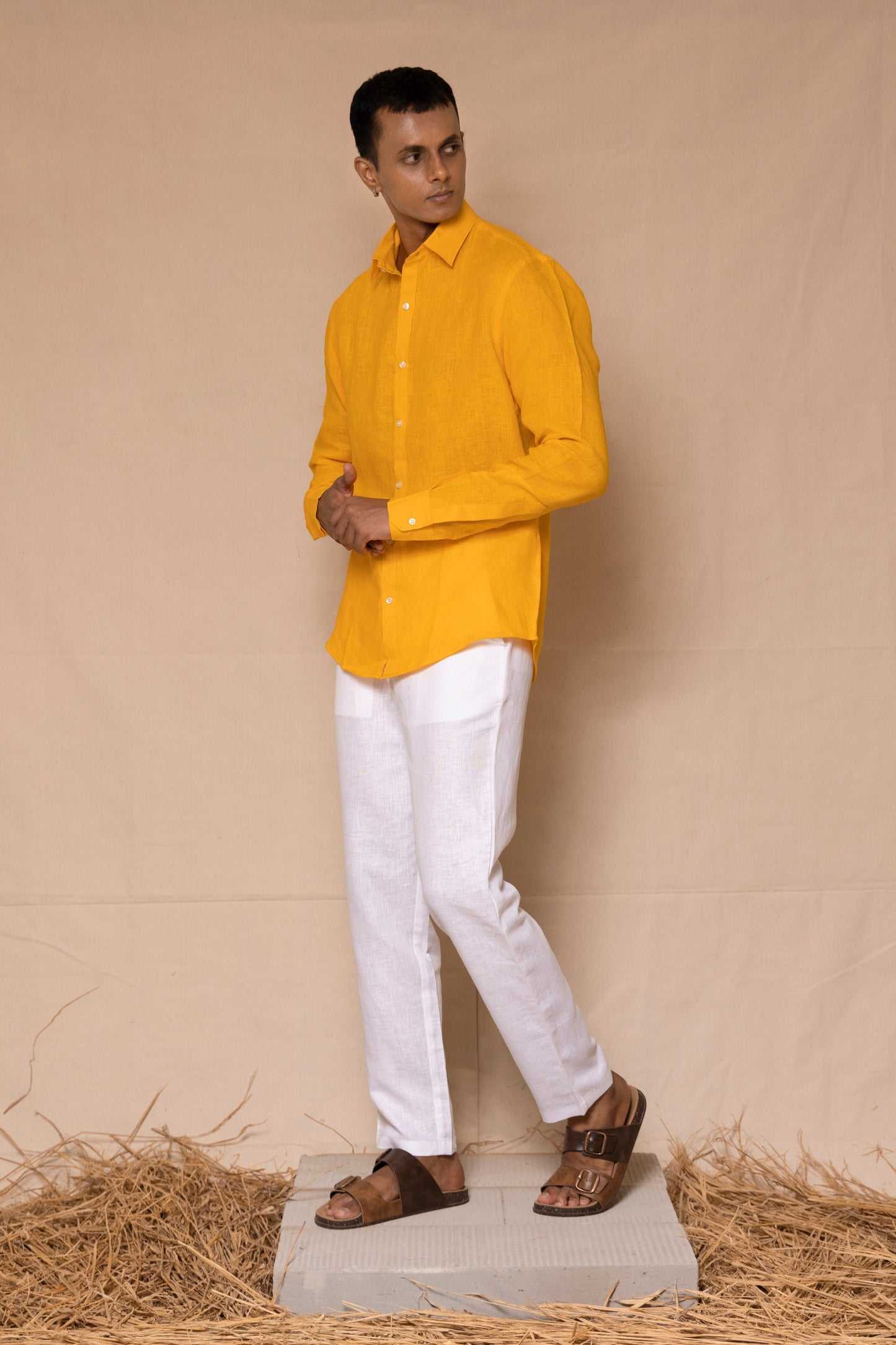 Mango Yellow Men's Linen Regular Collar Shirt