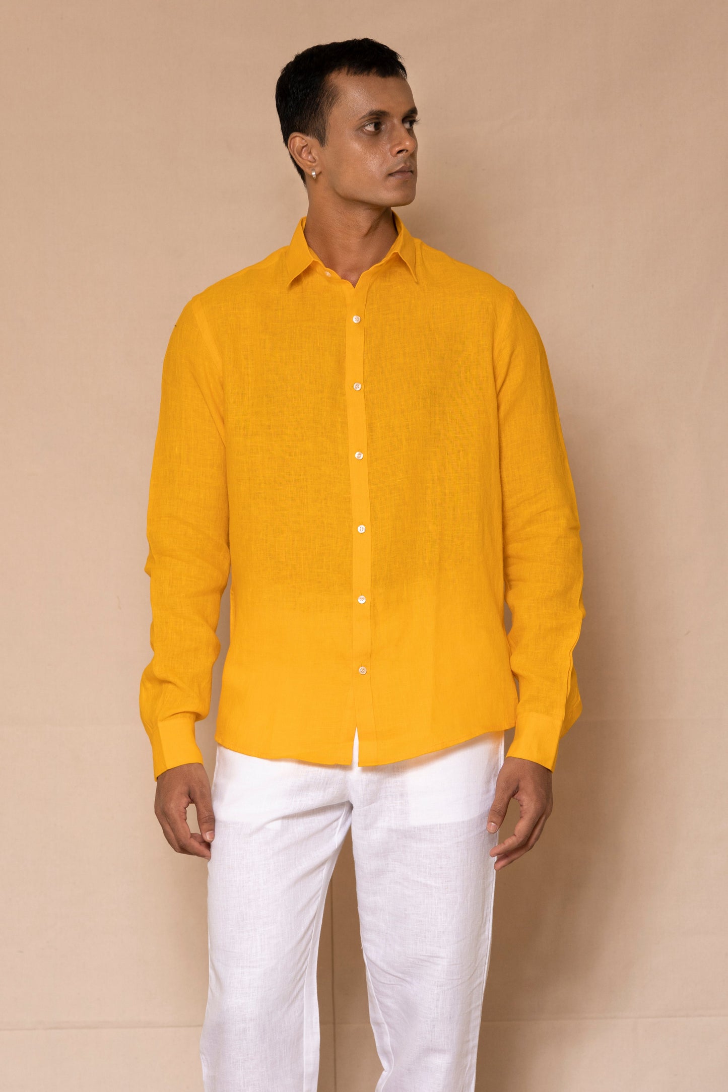 Mango Yellow Men's Linen Regular Collar Shirt